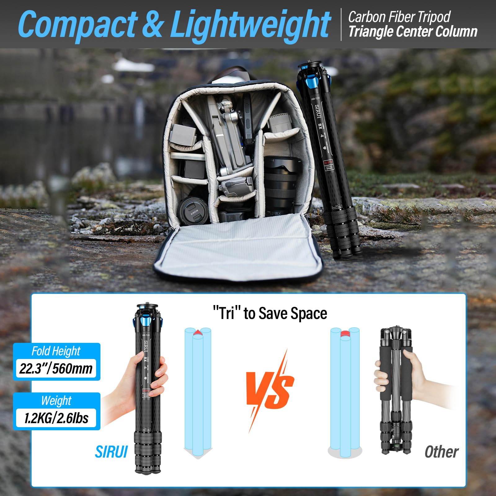 Sirui Am 124 Carbon Fiber Tripod With Triangular Center Column, 62.6' Compact Traveltripod For Camera, 4 Sections, Waterproof Twist Lock, Load 26.5Lbs