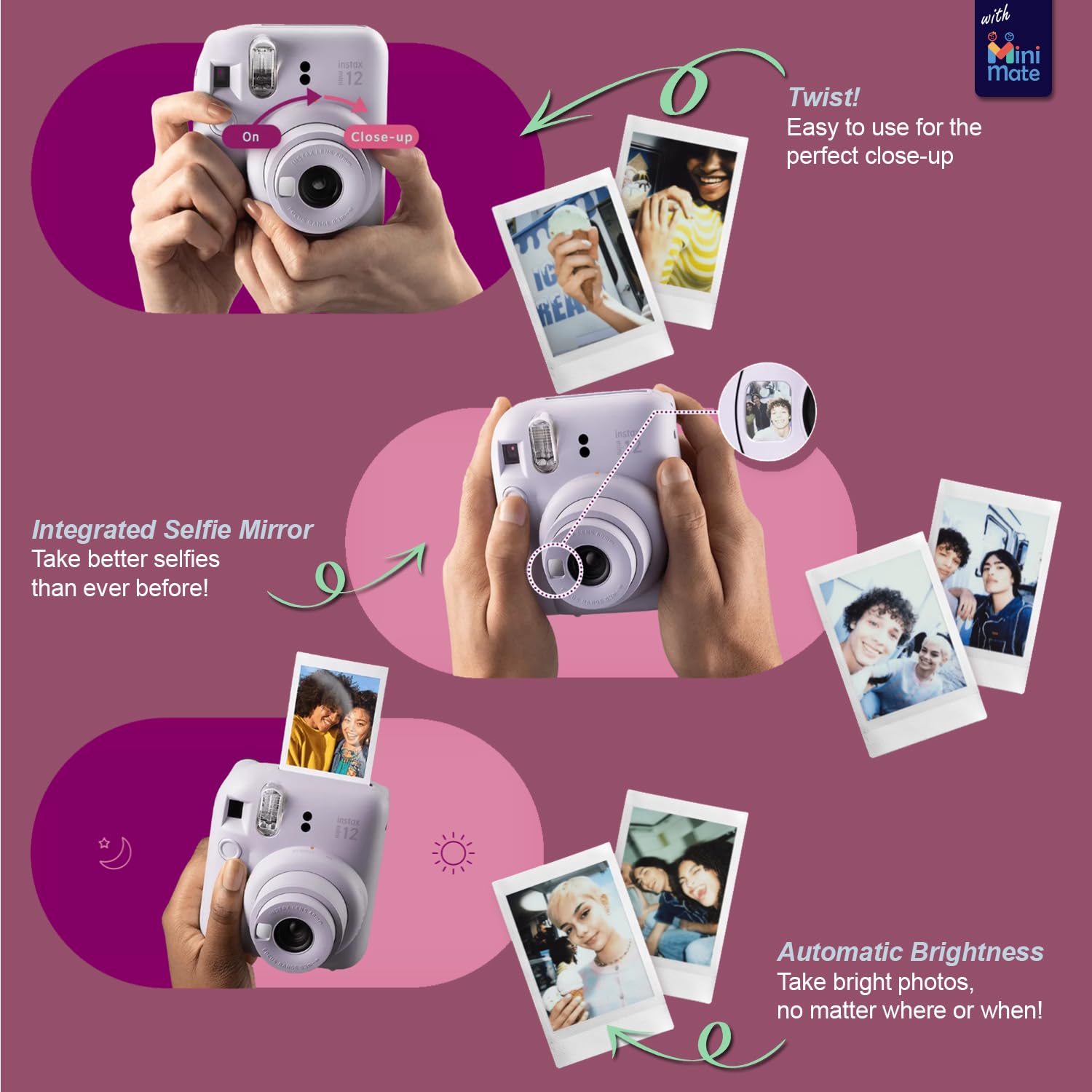 Fujifilm Instax Mini 12 Instant Camera + Minimate Accessory Bundle & Compatible Custom Case + Fuji Instax Film Value Pack (50 Sh