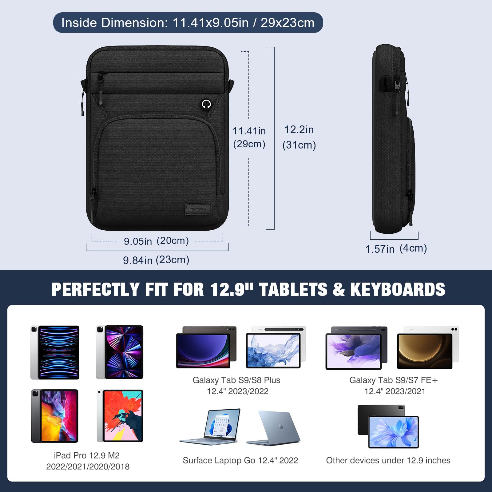 MoKo 12.9 Inch Tablet Sleeve Bag, Fits 13 Inch New iPad Pro M4 & Air M2 2024, iPad Pro 12.9 inch M2&M1, Galaxy Tab S9/S8 Plus 12.4', Multifunctional Bag with Shoulder and Headphone Port, Black