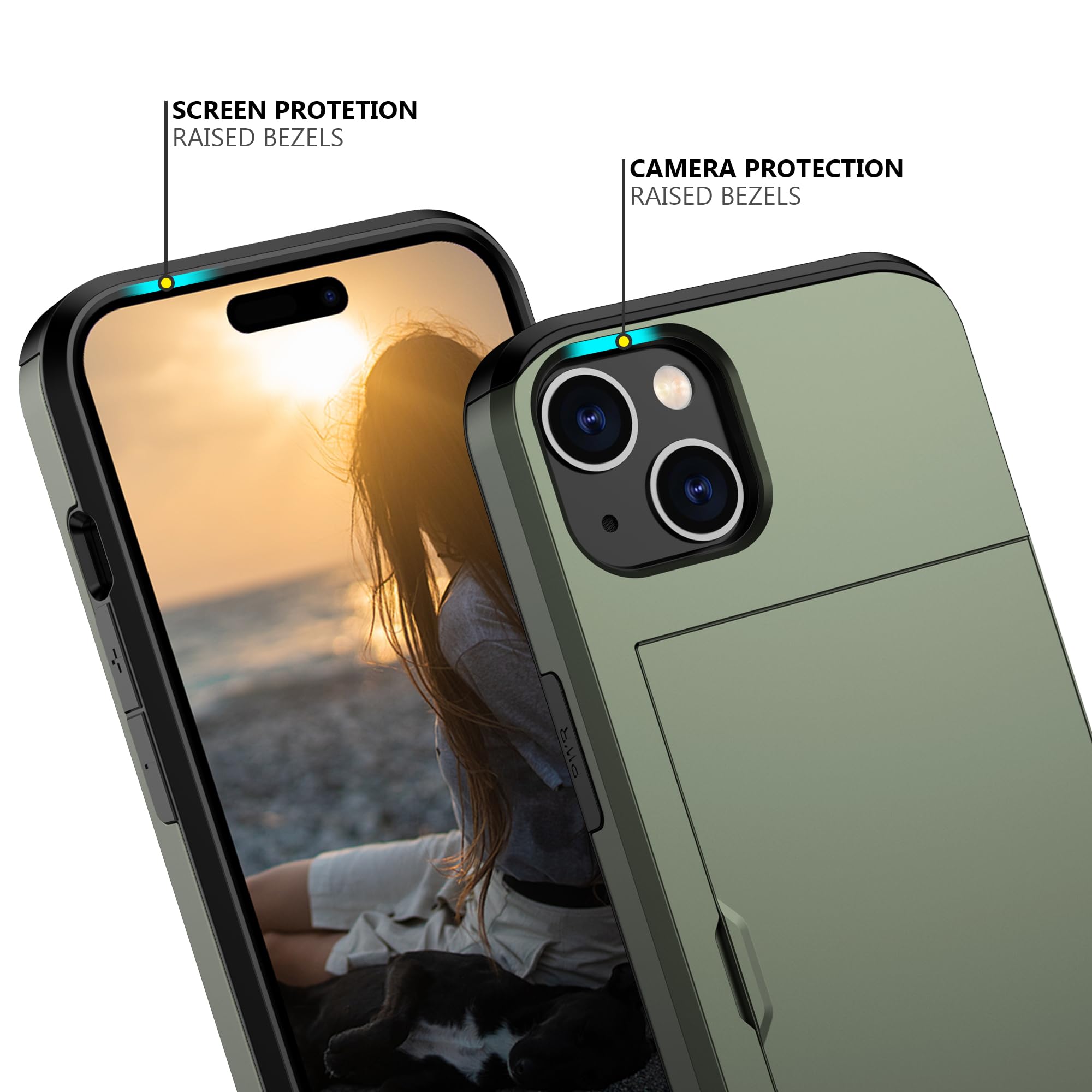Nvollnoe Compatible With Iphone 15 Case With Card Holder Heavy Duty Protective Dual Layer Shockproof Hidden Card Slot Slim Walle
