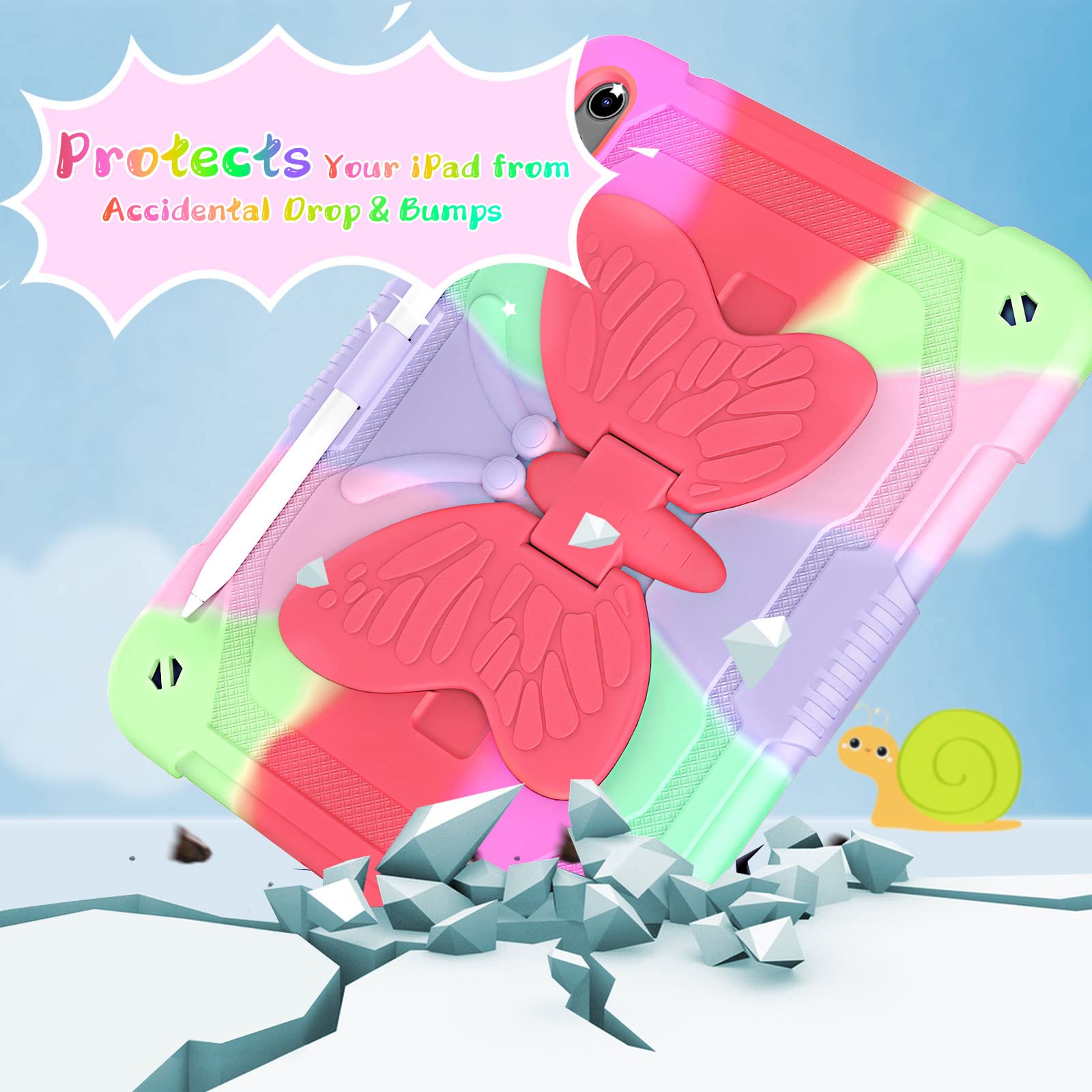 Ambison Case For Ipad 10Th Generation 2022 10.9 Inch For Kids Girls,With 9H Tempered Glass Screen Protector, Rugged Heavy Duty Shockproof Protective Case With Butterfly Stand,Carrying Strap Rose Red