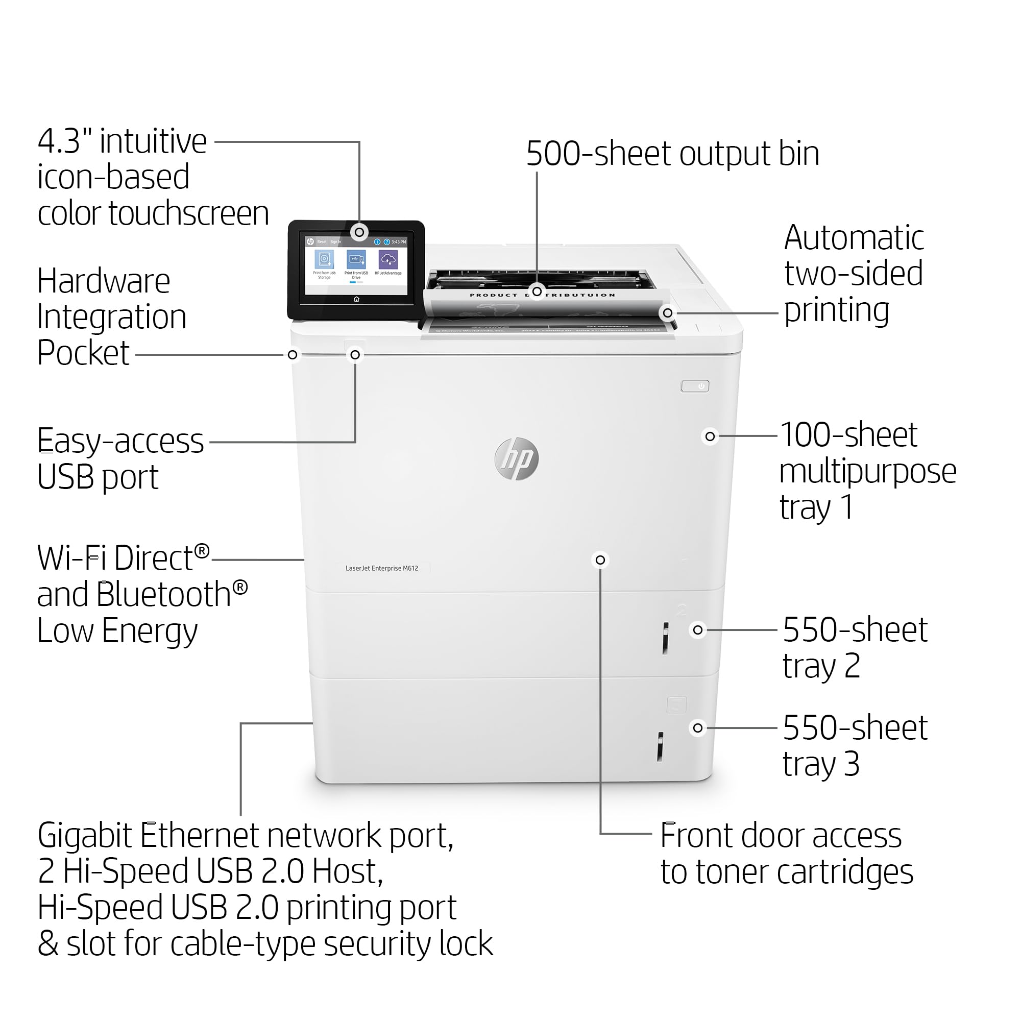 Hp Laserjet Enterprise M612X Monochrome Printer With Built In Ethernet, 2 Sided Printing & Extra Paper Tray (7Ps87A), White