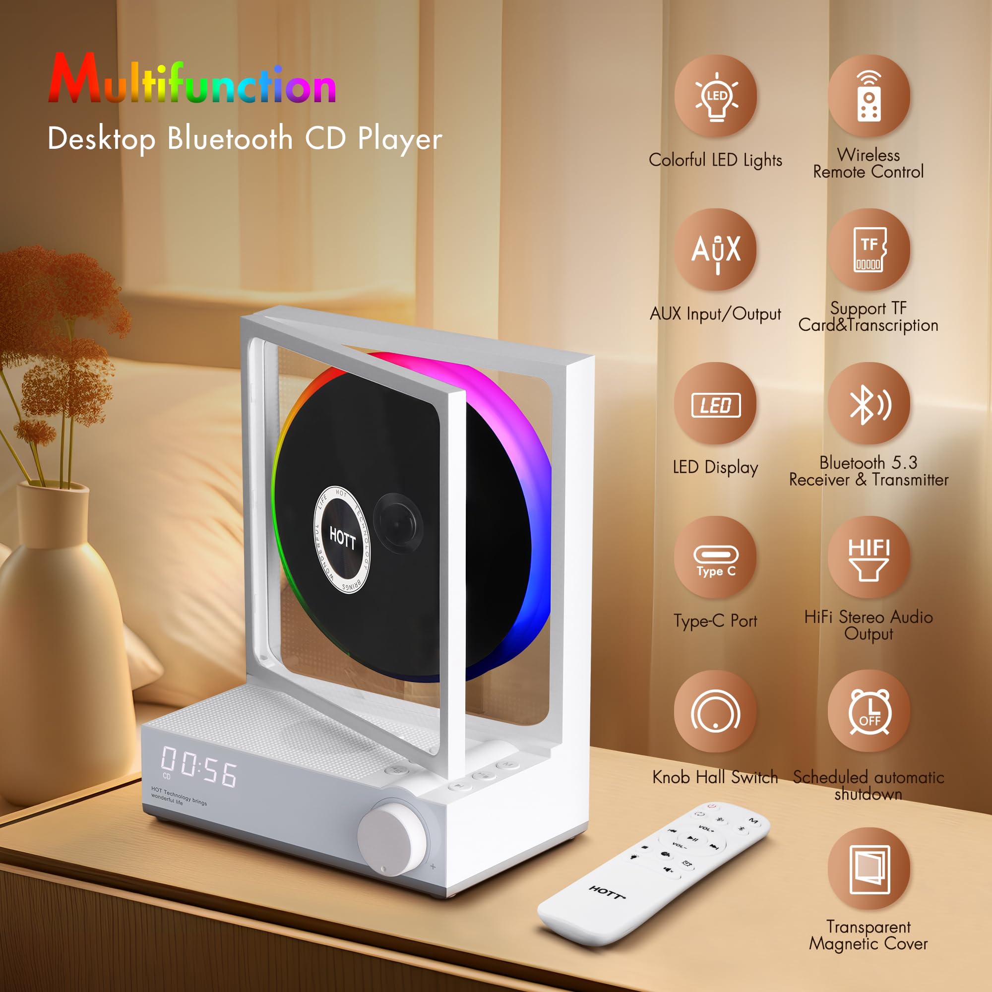 Bluetooth Desktop Cd Player With Speakers And Rgb Color Lights, Hott Home Bluetooth Cd Players With Hi Fi Stereo Sound,Remote Co