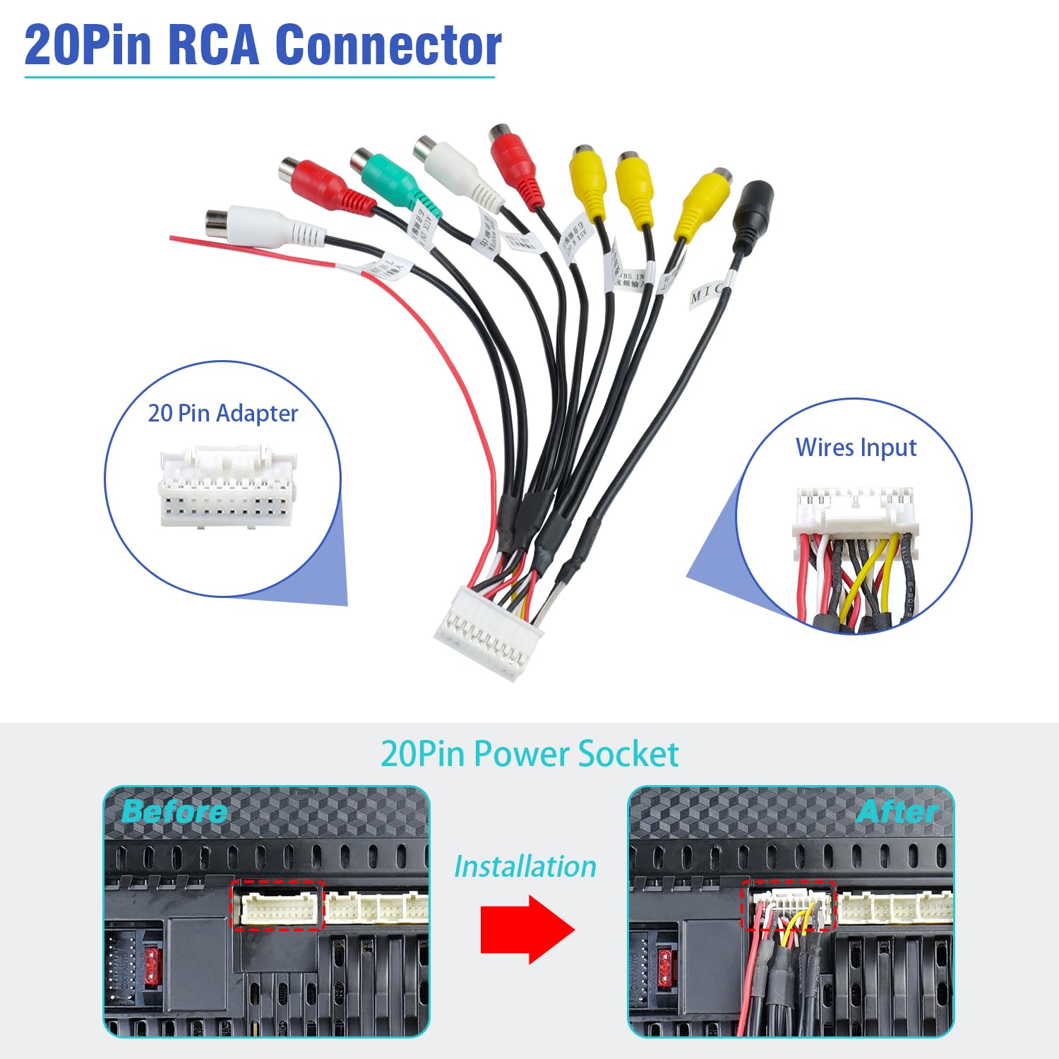 Jayubien Radio Rca Wiring Harness Adapter 20Pin Plug With 9 Female Rca Connector Assembly For Android Car Radio Stereo