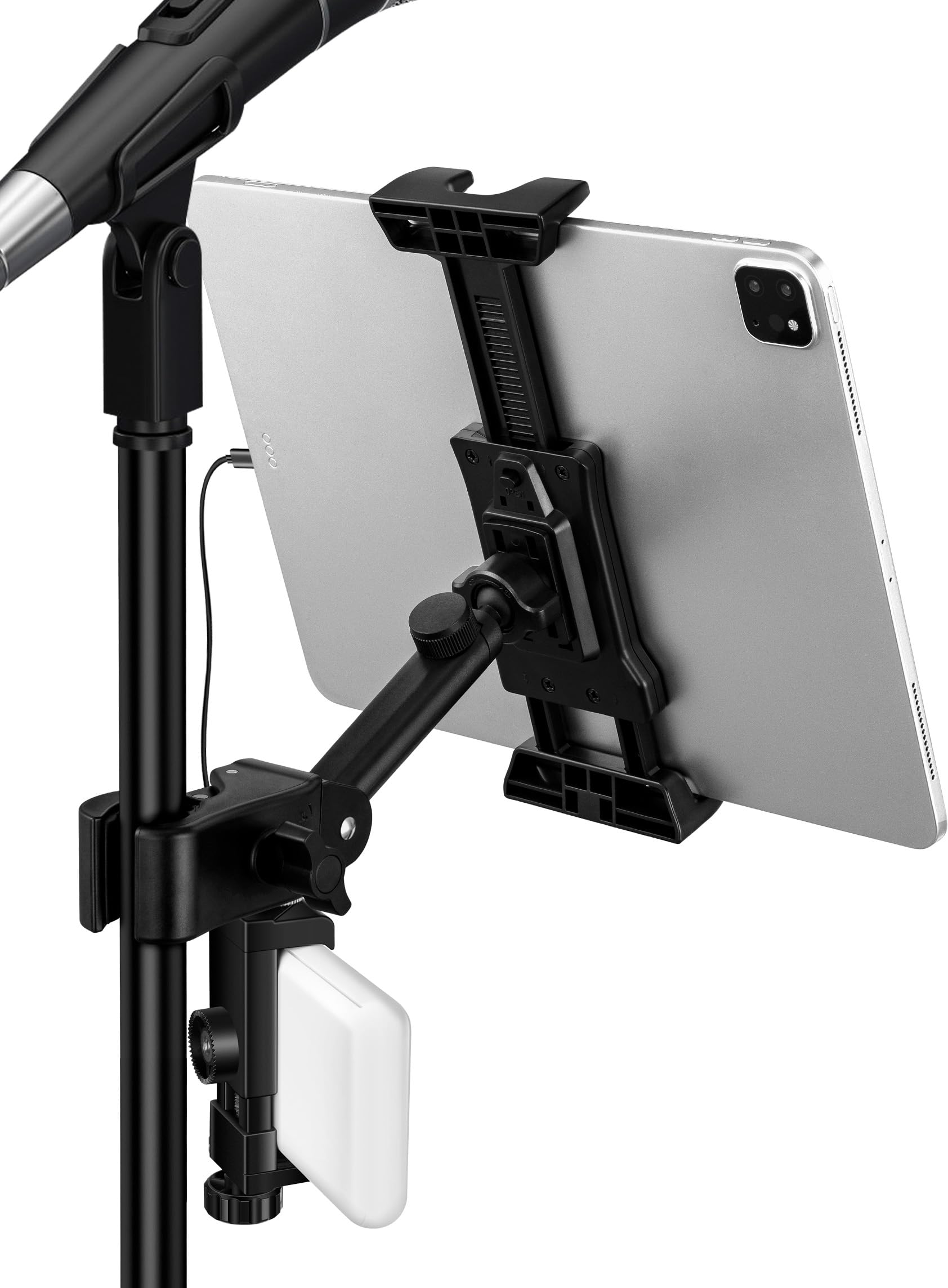 Lzsig Updated Tablet & Power Bank Mount Holder For Mic Stand, Adjustable Microphone Music Stand Ipad Phone Clip Compatible With 