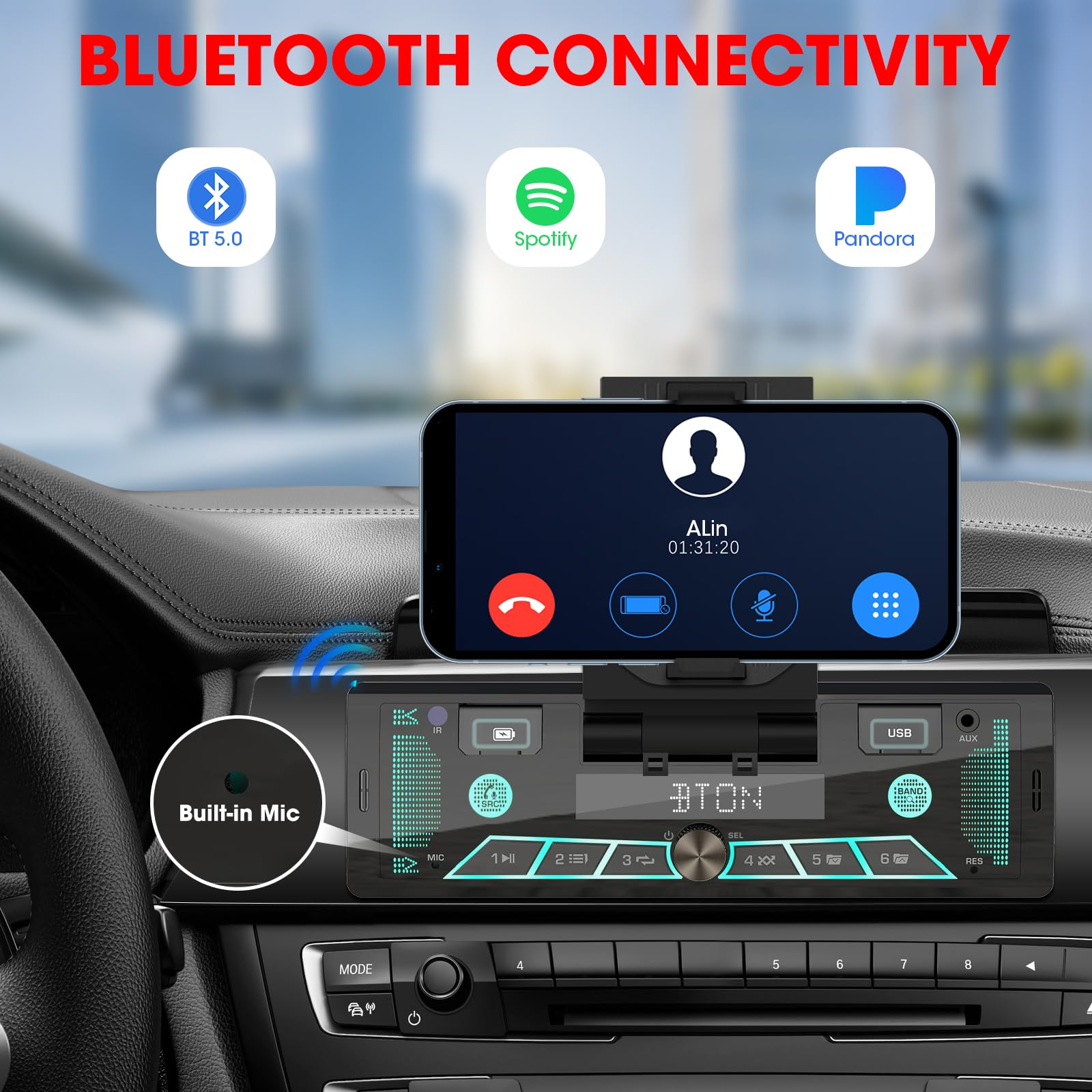 Single Din Stereo With Car Phone Holder   Bluetooth Car Radio   Push To Talk Assistant Multi Color Lcd Am Fm Tuner Aux Usb Built