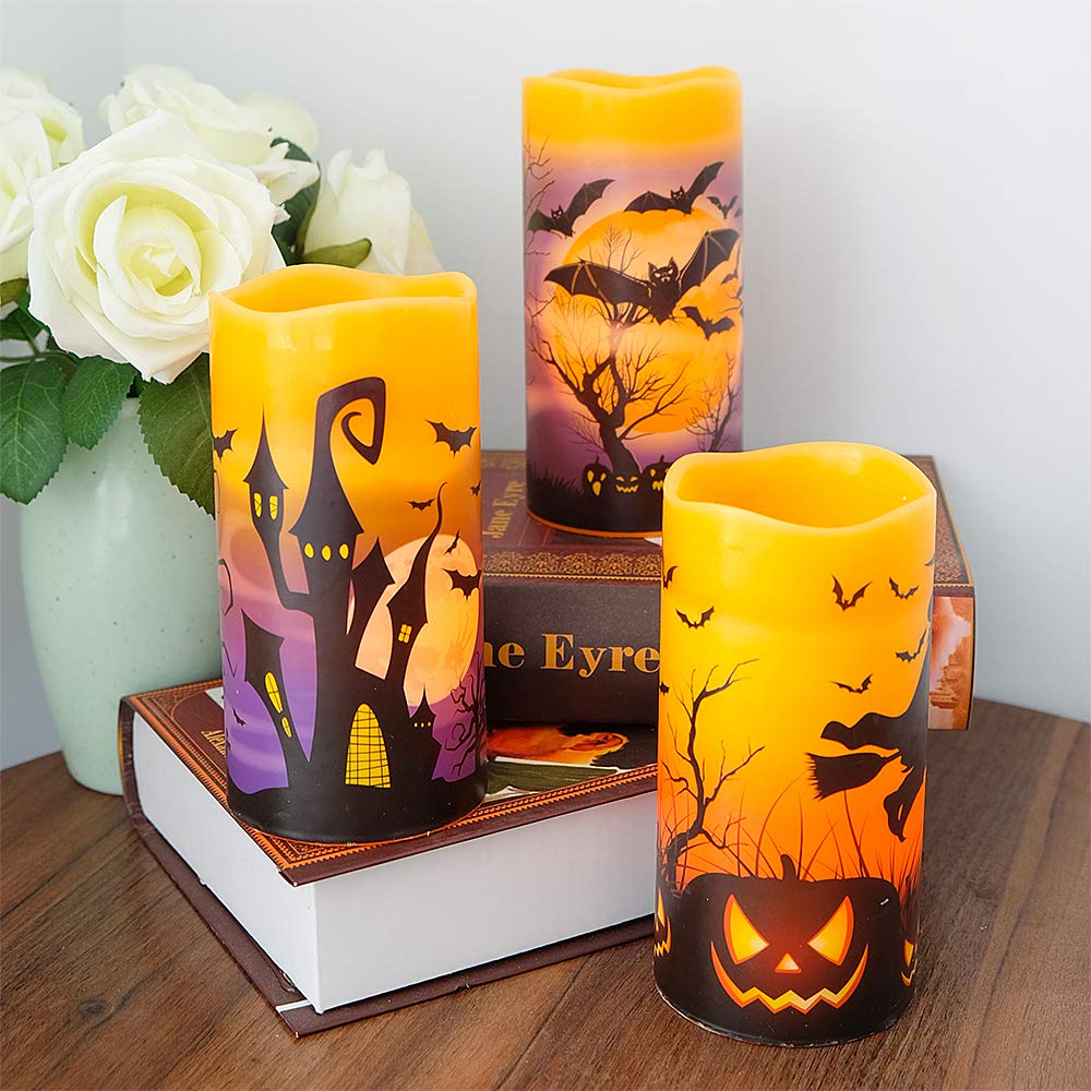 Dromance Flameless Candles Battery Operated With 6 Hour Timer, Halloween Decals Real Wax Led Flickering Pillar Candles Set Of 3