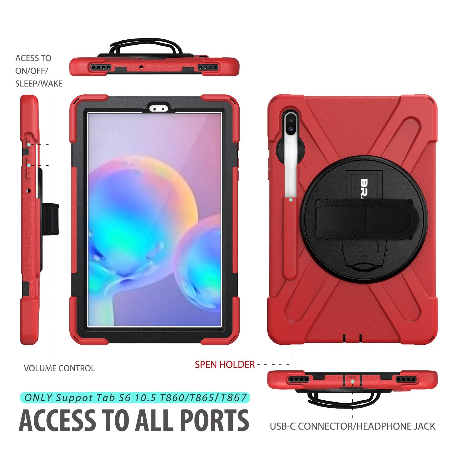 Braecn For Galaxy Tab S6 Case,[With S Pen Holder] Three Layers Heavy Duty Shockproof Case With Hand Strap,Shoulder Strap,360 Kic