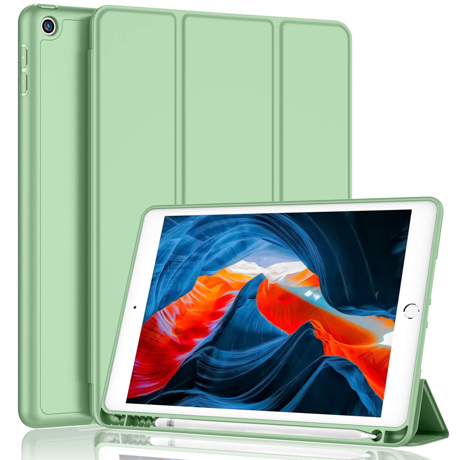 Imieet Ipad 9Th Generation Case 2021/Ipad 8Th Generation Case 2020 10.2 Inch With Pencil Holder, Ipad 7Th Gen 2019 Case With Soft Baby Skin Silicone Back, Auto Wake/Sleep Cover (Matcha Green)