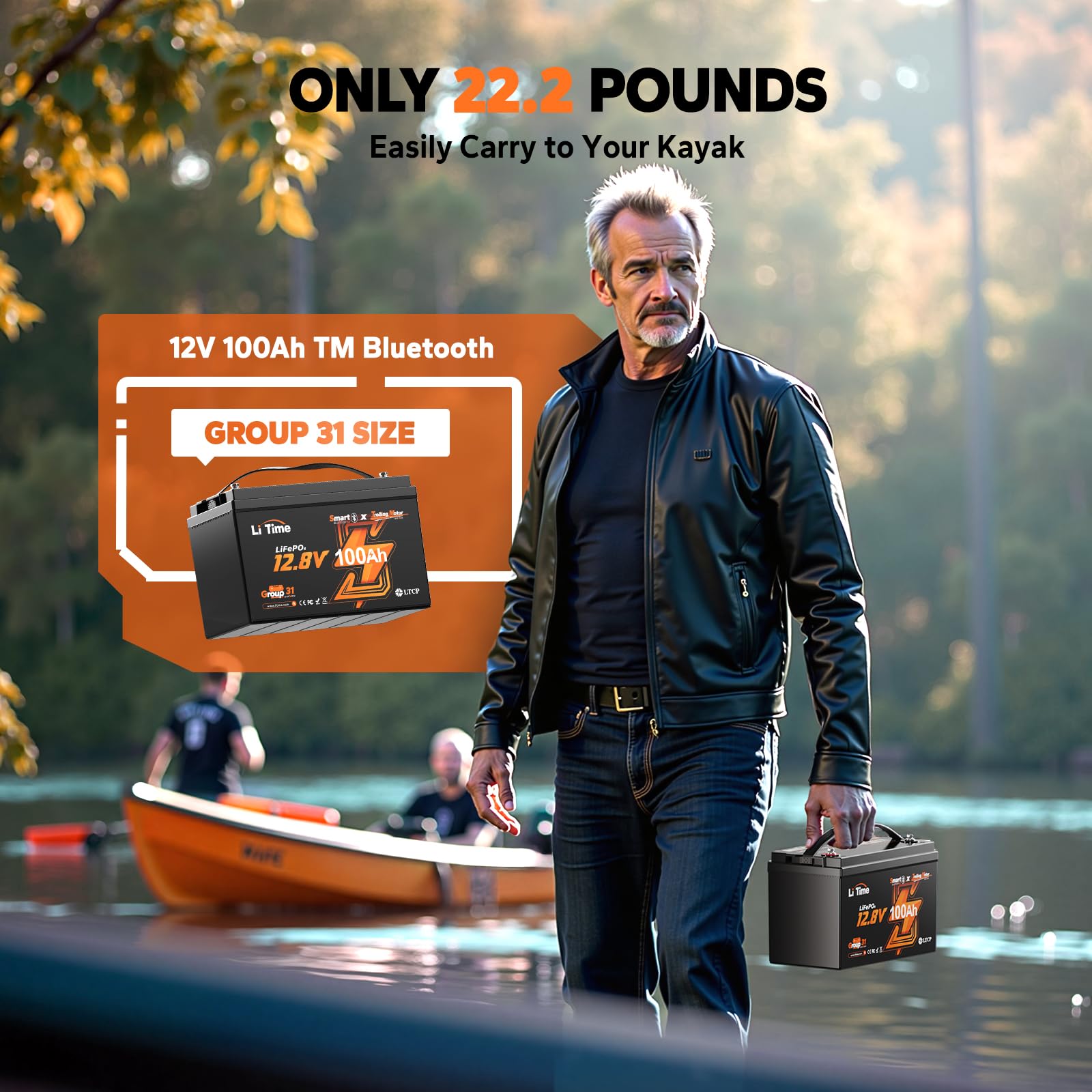 Litime 2 Pack 12V 100Ah Trolling Motors Lithium Battery, Group 31 Bluetooth Lifepo4 Battery | Low-Temp Protection | 100A Bms | B