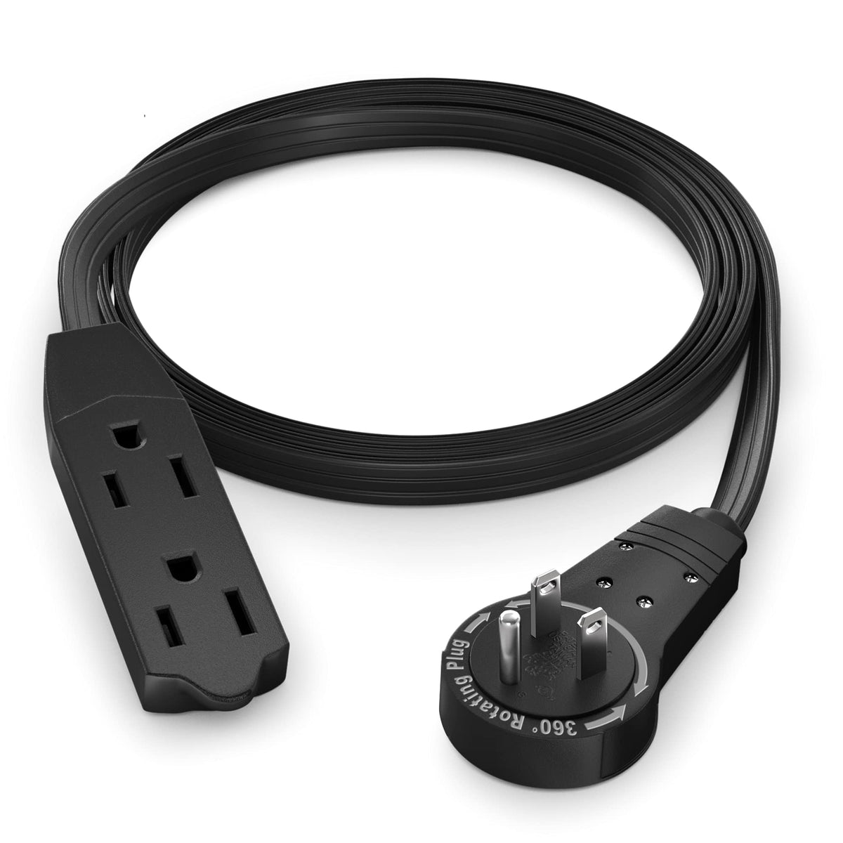 Maximm Cable 3 Ft 360 Rotating Flat Plug Extension Cord/Wire, 16 Awg Multi 3 Outlet Extension Wire, 3 Prong Grounded Wire - Blac