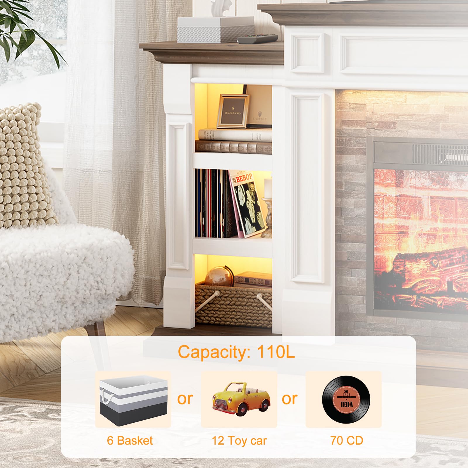 70'' Electric Fireplace With Mantel, Led Fireplace Tv Stand For Tvs Up To 80 Inch, Farmhouse Entertainment Center With Storage,