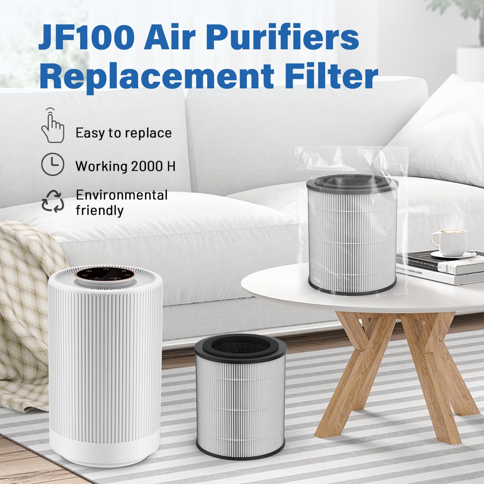 Jf100 Replacement Filter, 3 In 1 H13 True Hepa And High Efficiency Activated Carbon Filter, 2 Pack