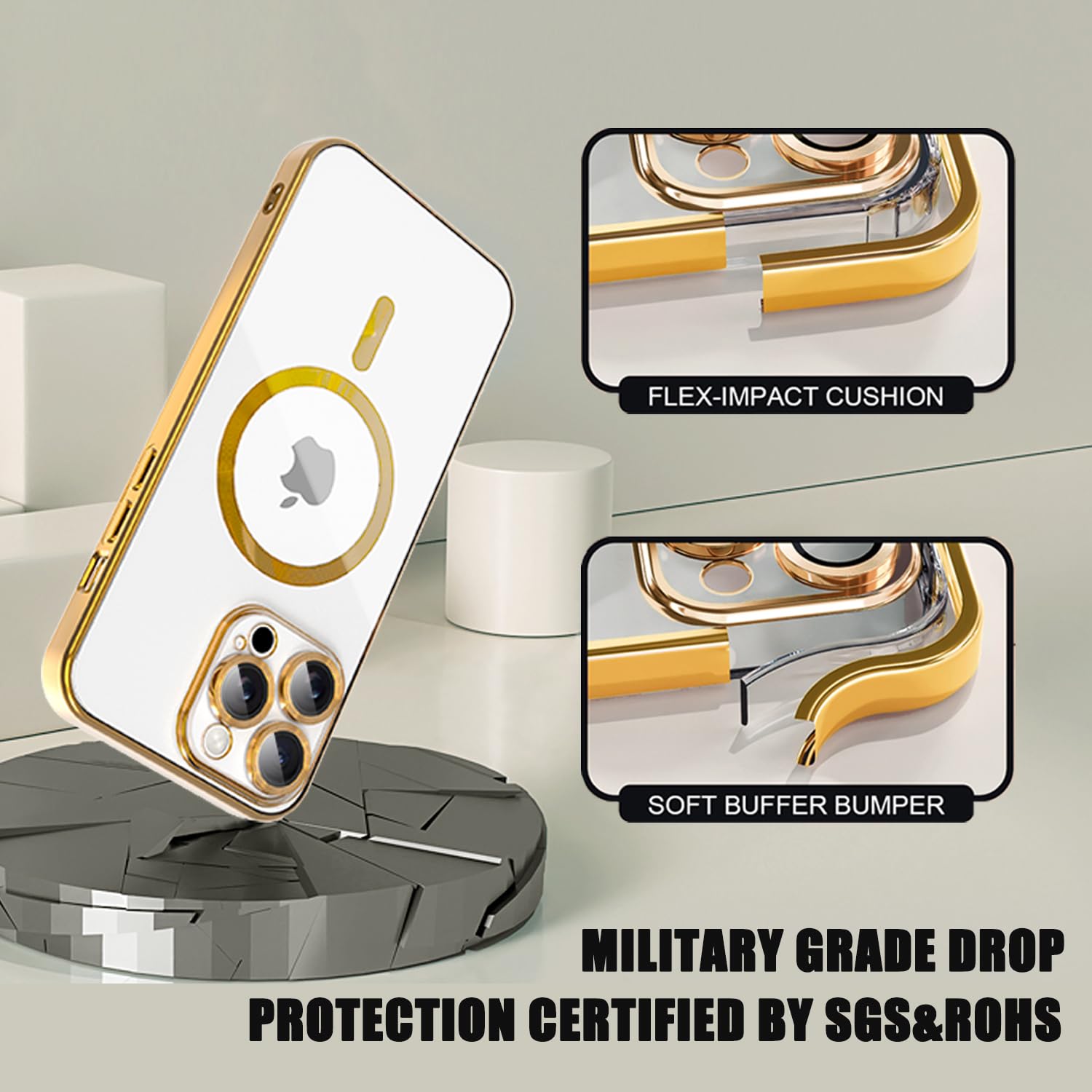 Misscase Iphone 13 Pro Magsafe Case With Camera Protector, Clear Magnetic Anti Scratch Cover   Gold