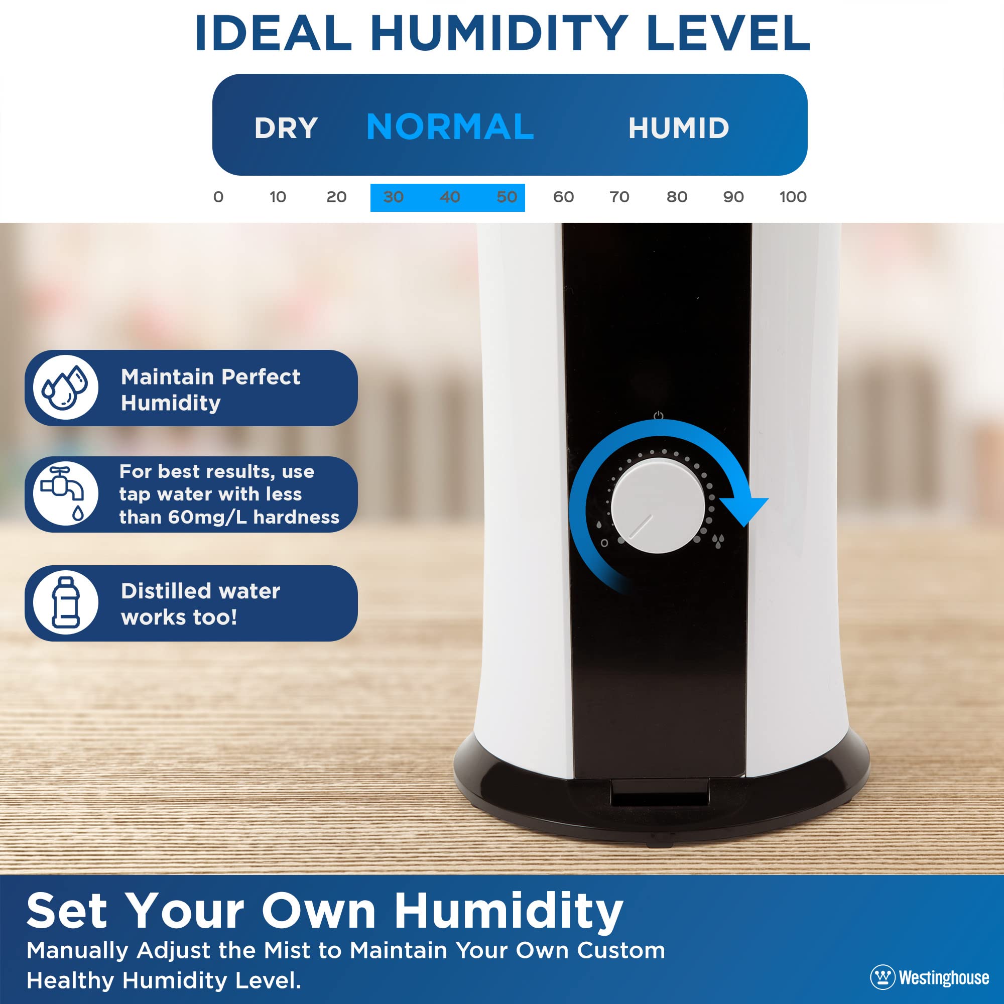 Westinghouse 28-Inch Cool Mist Ultrasonic Tower Humidifier, 6L Top Fill Air Humidifier With Essential Oil Diffuser, Adjustable M