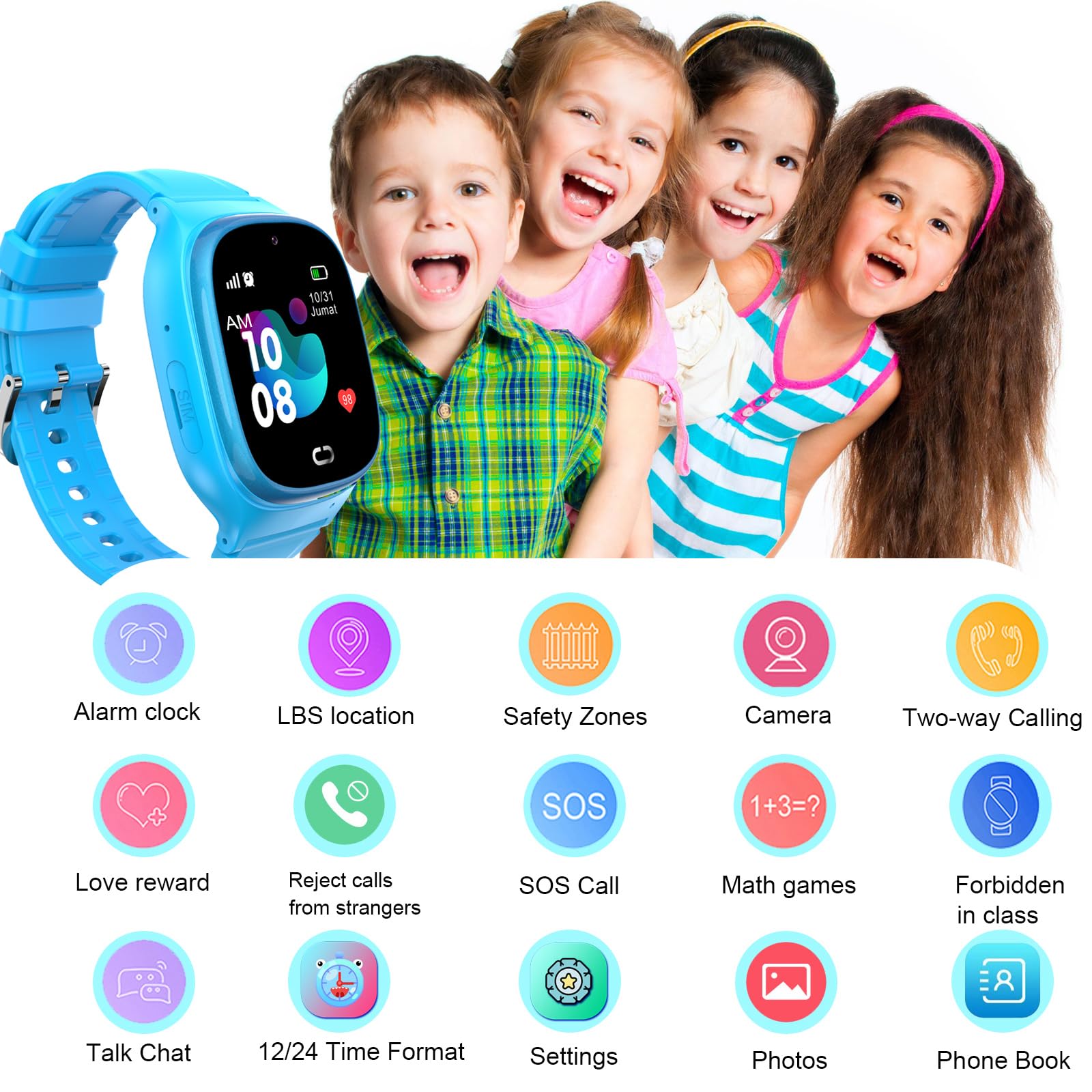 Waterproof Kids Smart Watch Lbs Tracker - Boys Girls For 3-12 Year Old With Sos Camera Alarm Call Camera Pedometer 12 Time Forma