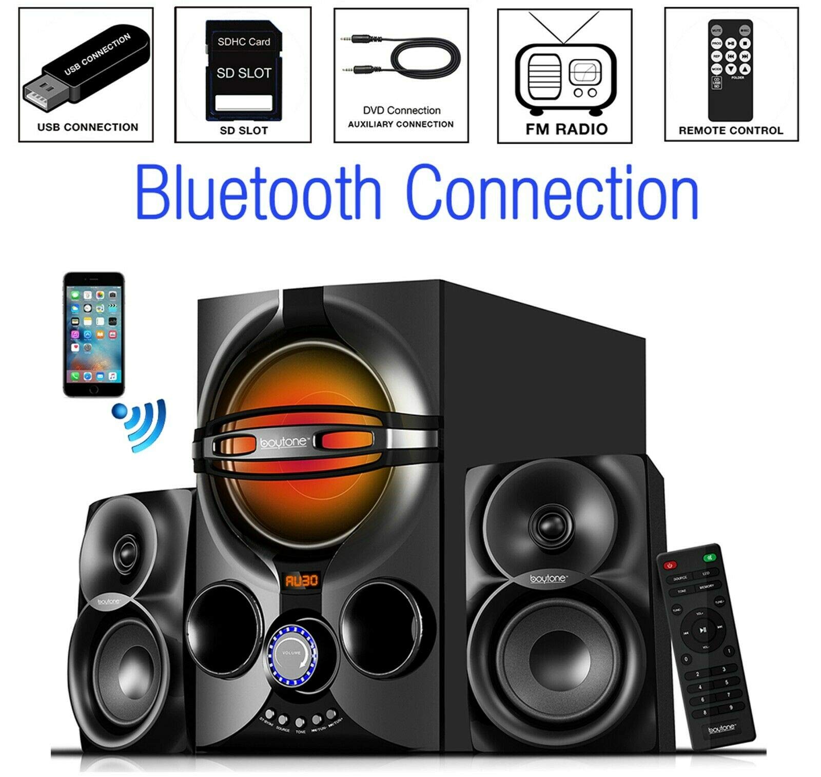 Boytone Bt 324F, 2.1 Bluetooth Powerful Home Theater Speaker Systems, With Fm Radio, Sd Usb Ports, Digital Play Back, 40 Watts, Rgb Light, Full Function Remote Control, Smartphone, Tablet
