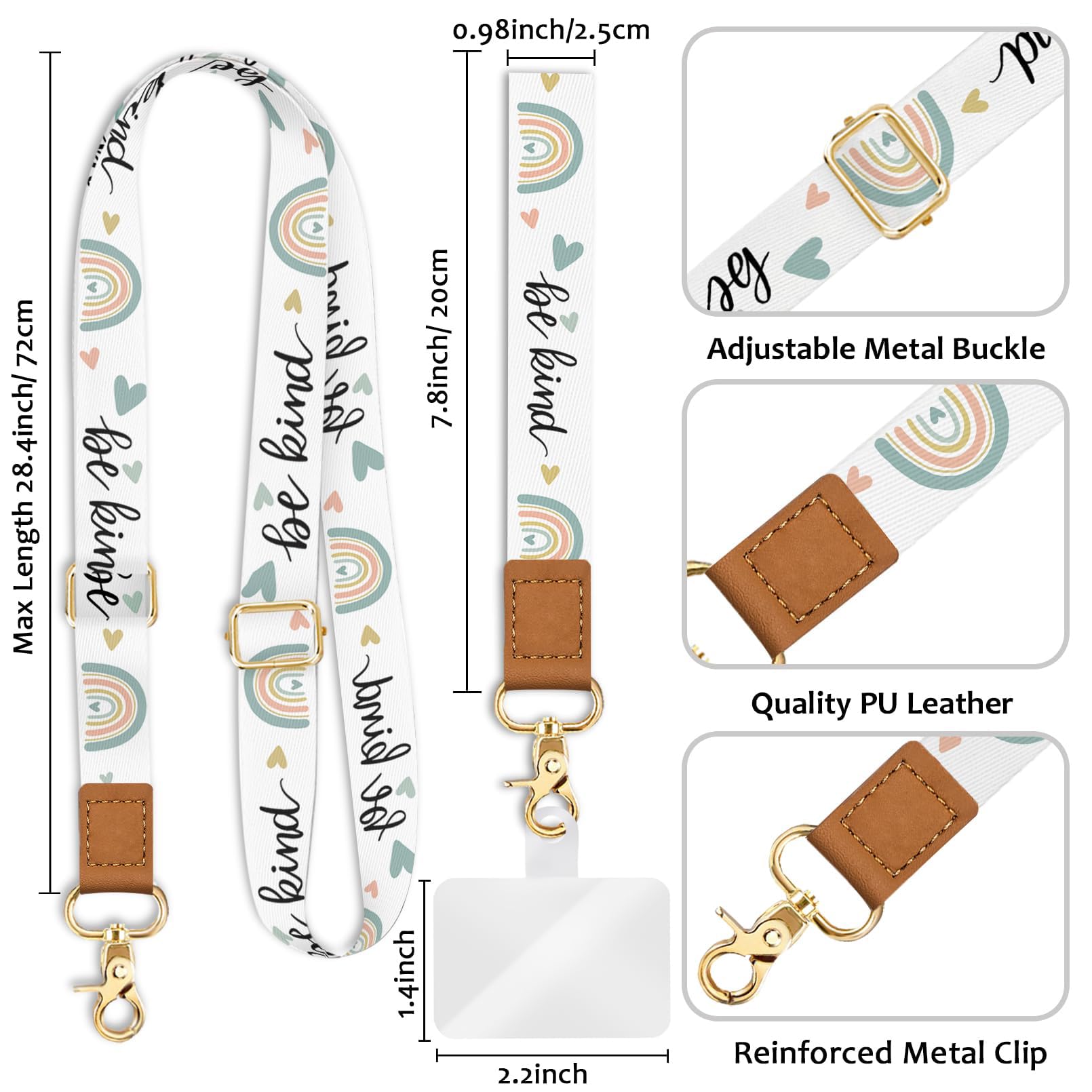 Piefly Phone Lanyard Crossbody Wrist Strap, Be Kind Cell Phone Lanyards For Around The Neck Wristlet, Adjustable Rainbow Phone W