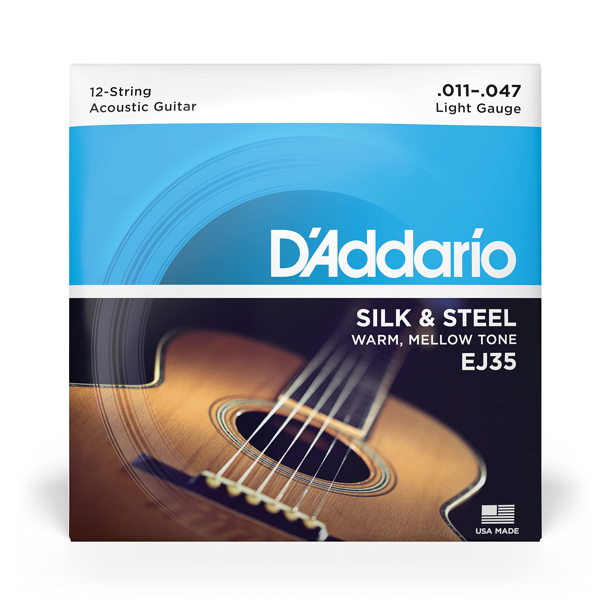 D'Addario Acoustic Guitar Strings, Silk & Steel, Ej35, Light Gauge 11 47, 12 String Set, Pack Of 1