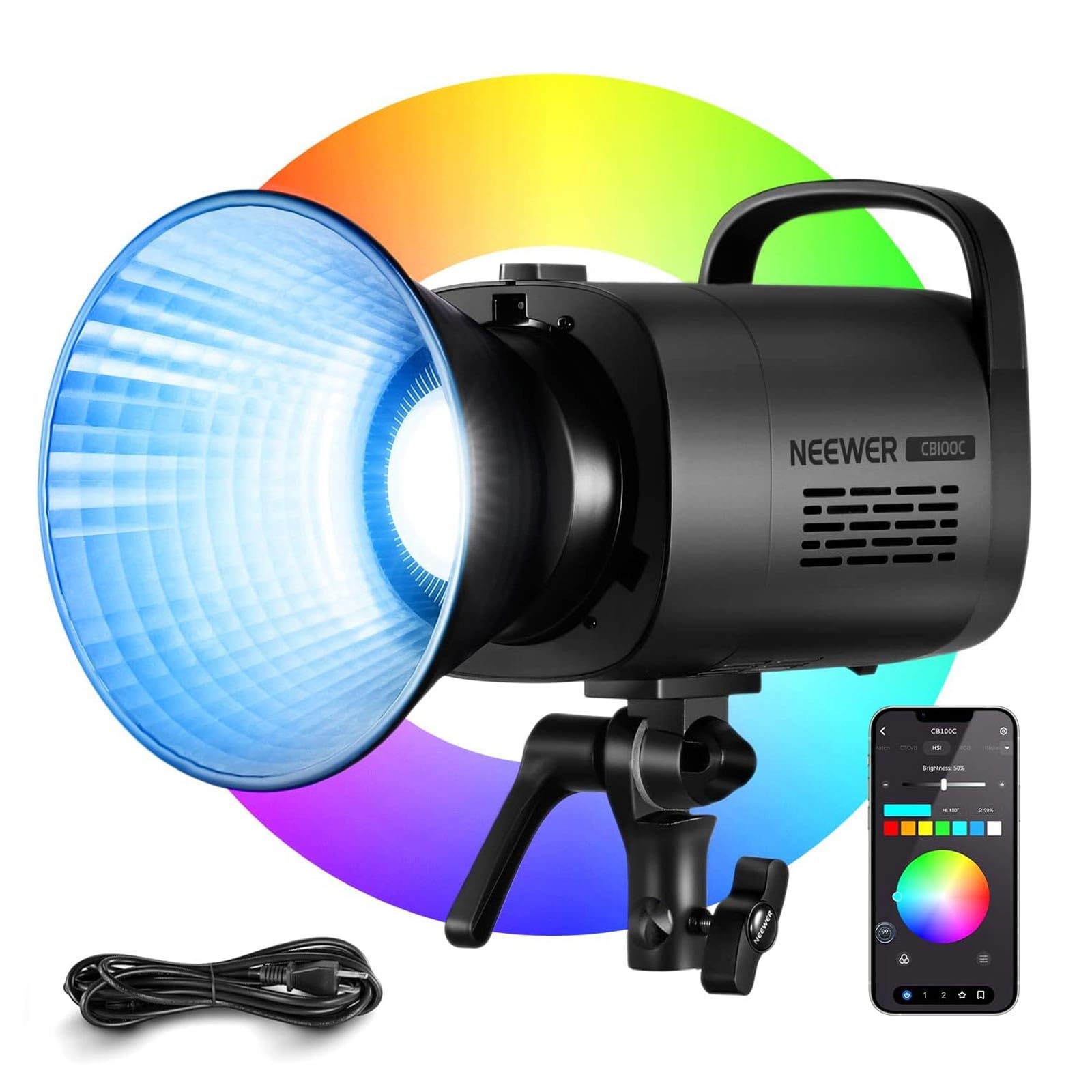 Neewer Cb100C 130W Rgb Led Video Light, App/2.4G Control 360 Full Color 2700K 6500K 27000Lux/M Cob Bowens Mount Silent Continuou