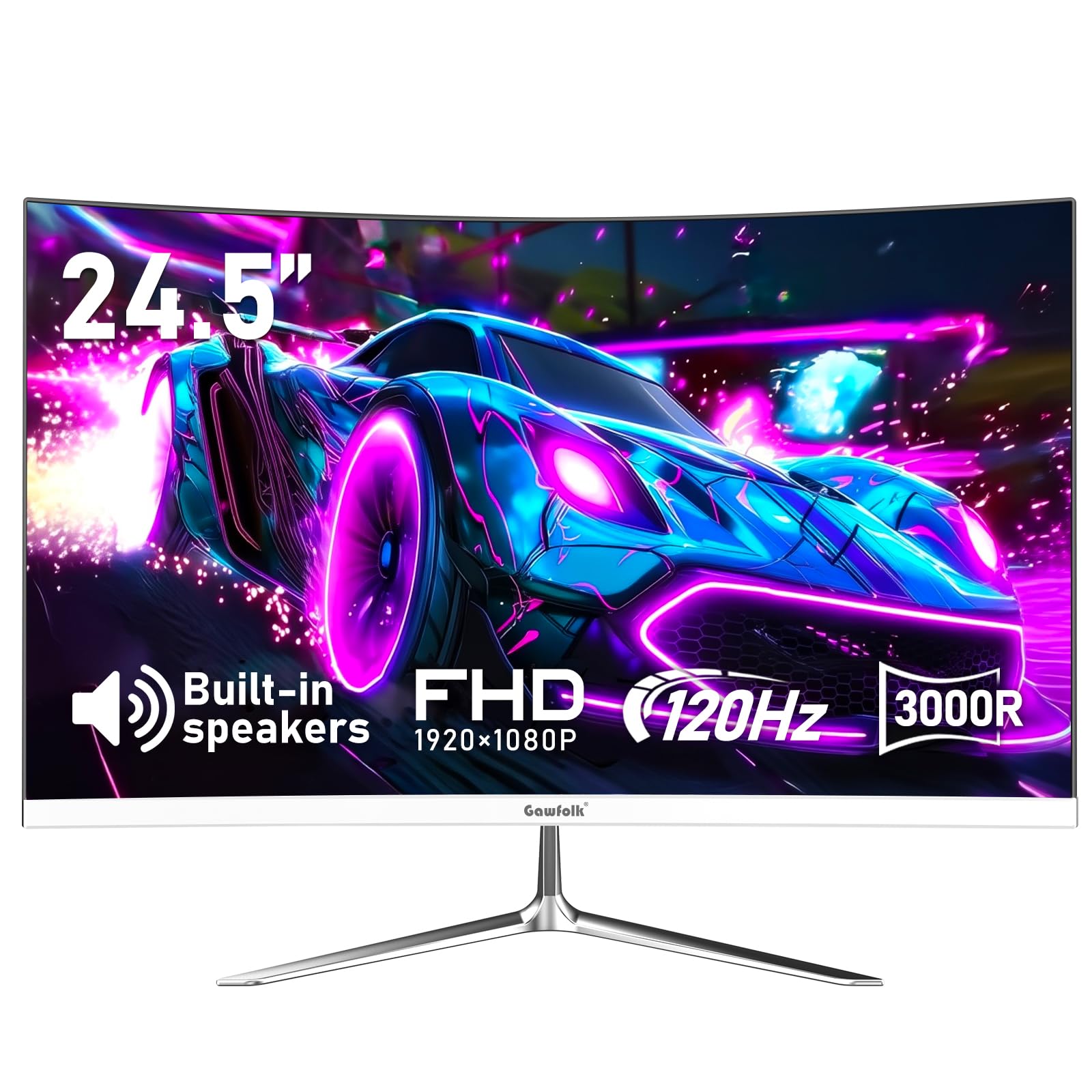 Gawfolk 24.5 Inch Gaming Curved Monitor Built-in Speakers, 3000R 120Hz White PC Screen Full HD 1080P, HDMI 2.0, VGA, Wall Mount 