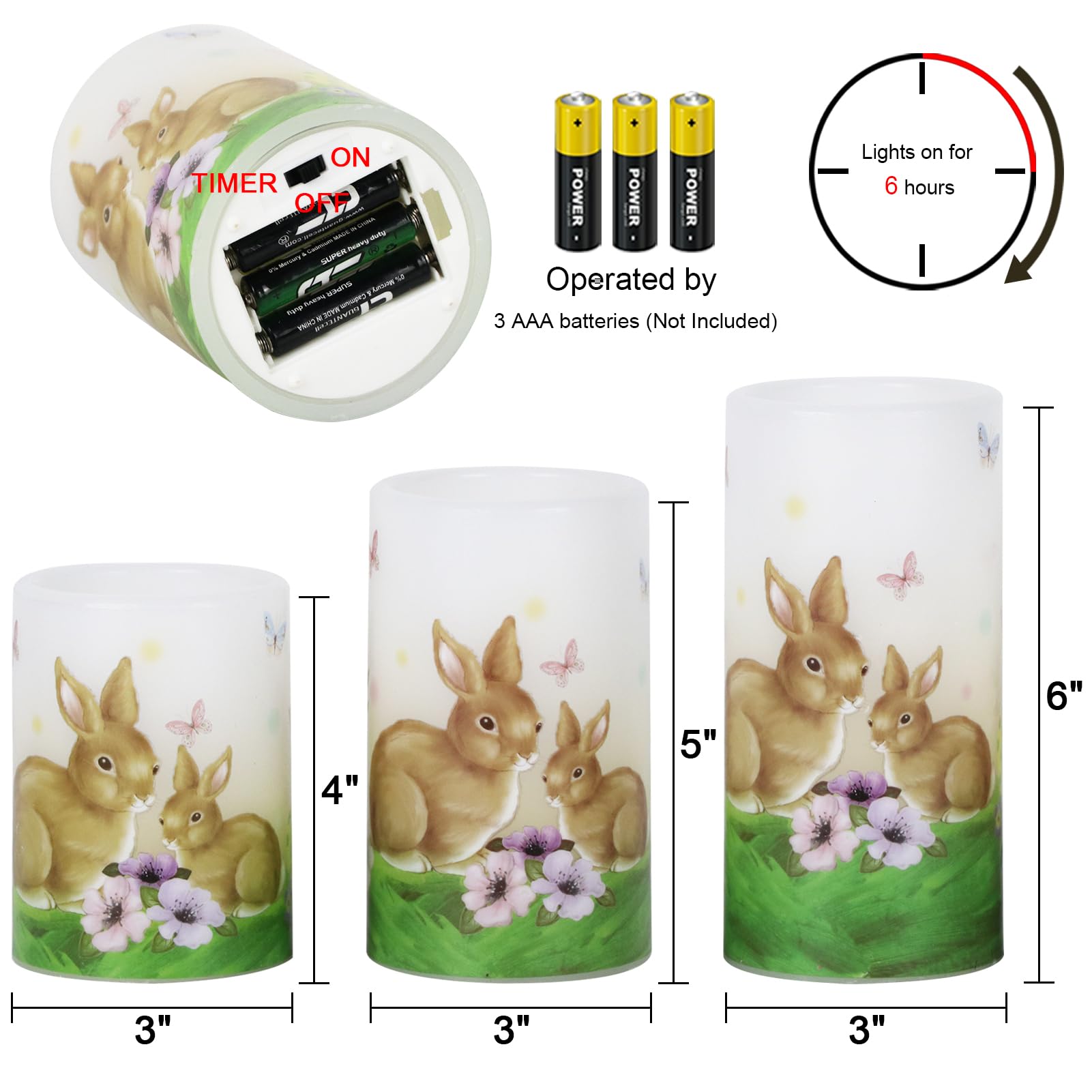Wondise Easter Bunny Flameless Candles With 6Hrs Timer, Battery Operated Pillar Candles With Easter Eggs Lilies Real Wax Flicker