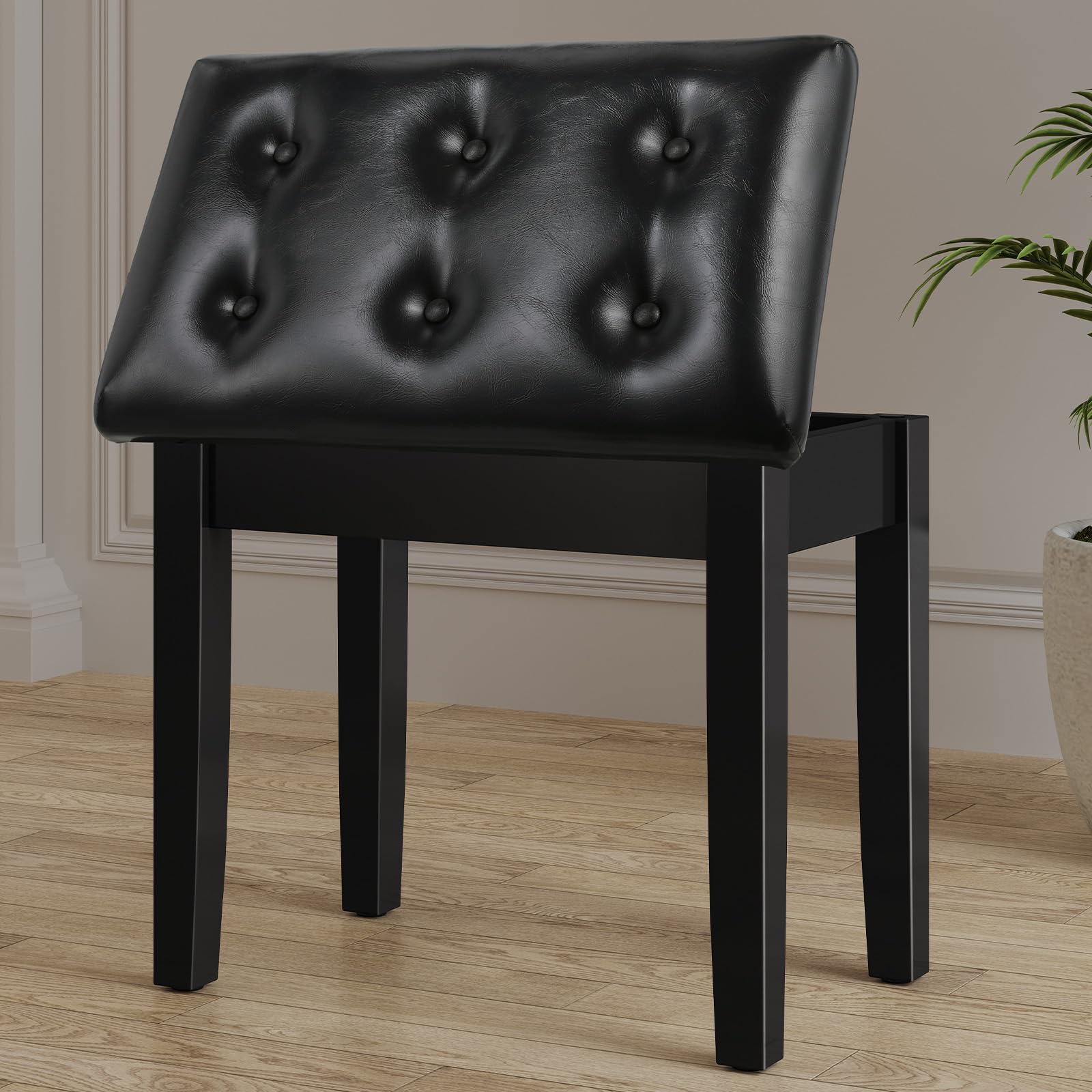 LIFERUN Black Wooden Duet Piano Bench with Padded Faux Leather Cushion Seat, Piano Stool with Storage Compartment, 21.7 x 13.8 x