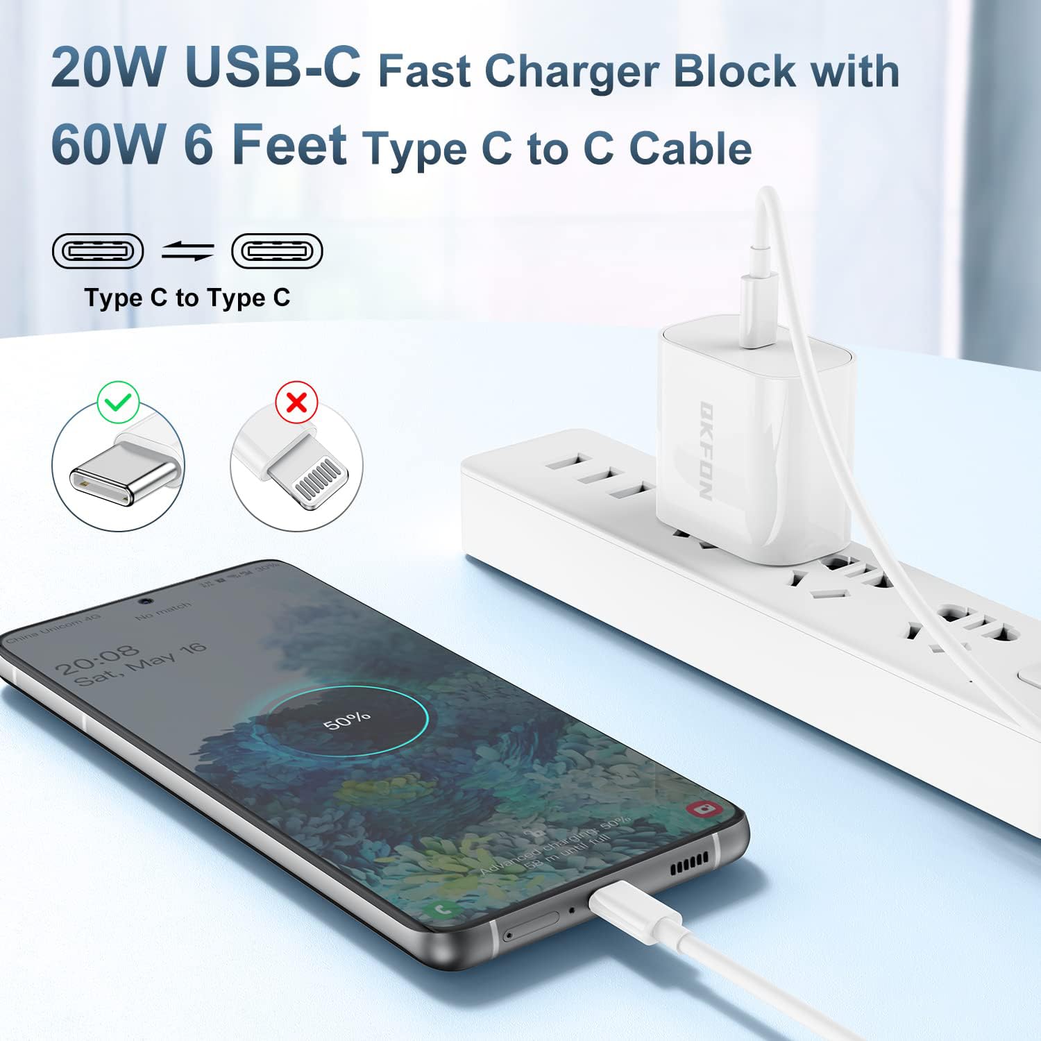 20W Usb C Fast Charger Block With 6 Ft Type C To C Cable (60W), 6Feet Fast Charger For Ipad Pro 11/12.9 2021/2018, Ipad Mini 6,I