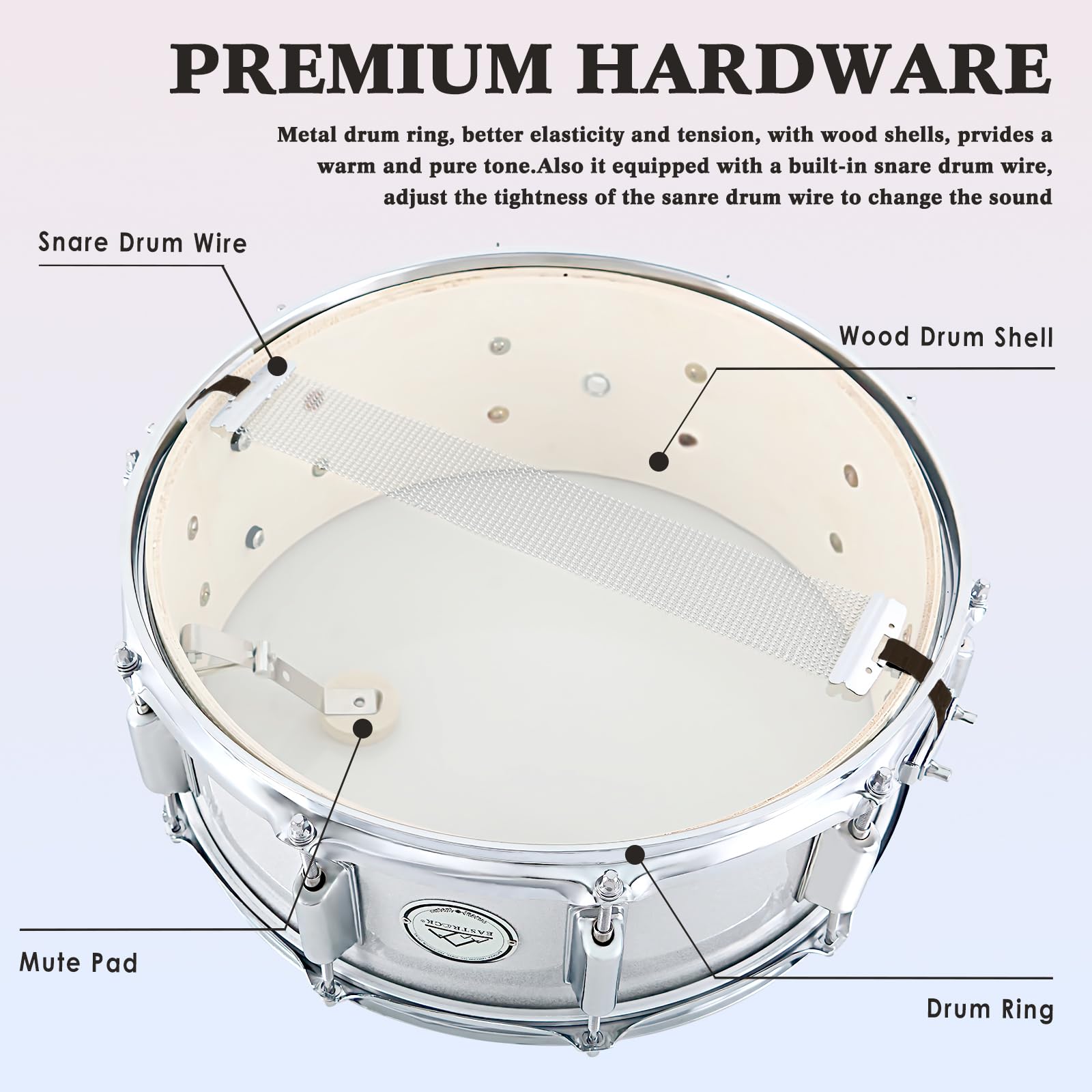 Eastrock Snare Drum 14X5.5 Inches For Student Beginners With Gig Bag, Drumsticks, Drum Keys, Coated Material Drum Head, Off Whit
