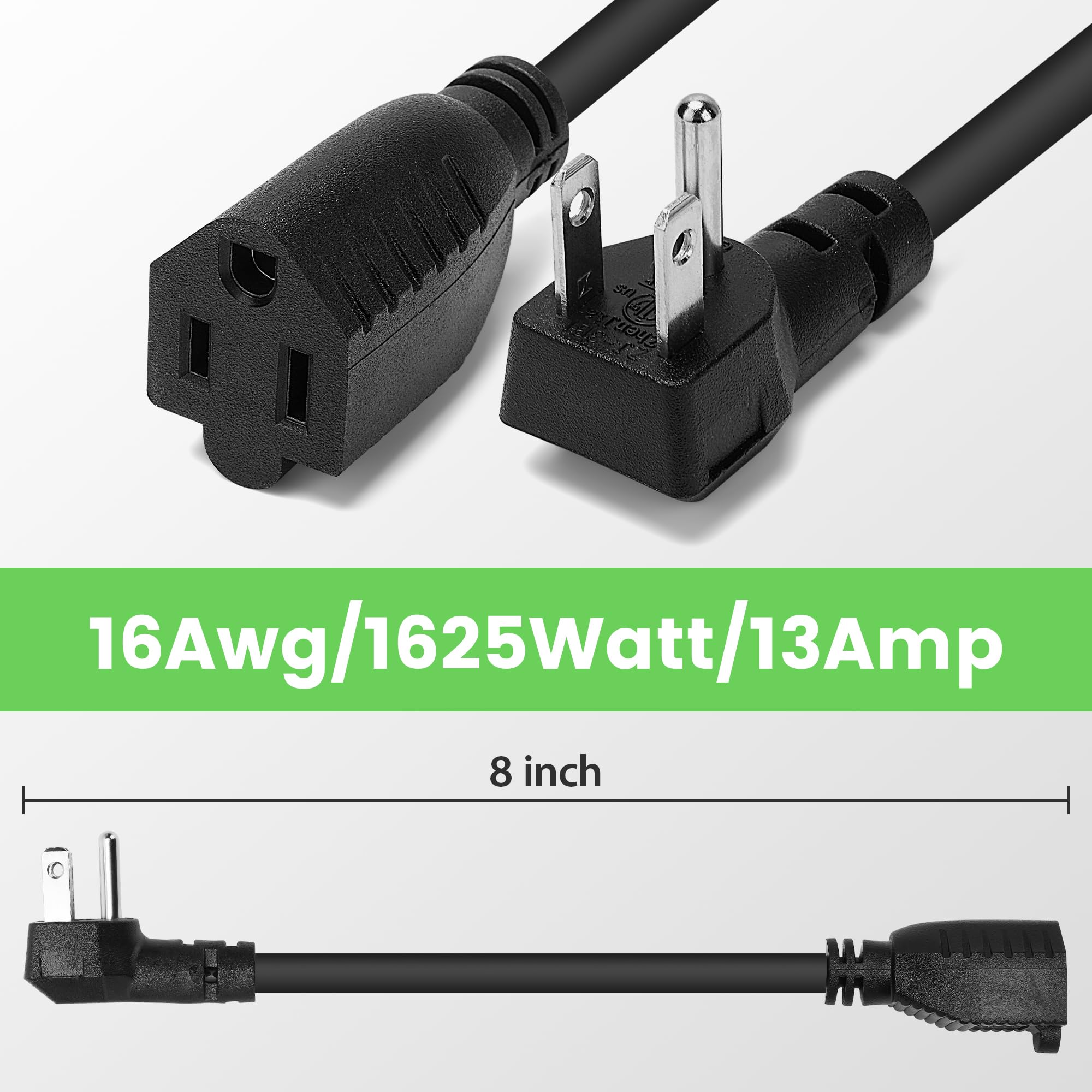 8 Inch Short Power Extension Cord 2 Pack,90 Degree Low Profile Flat Plug 3 Prong Male To Female Heavy Duty Grounded Power Extens