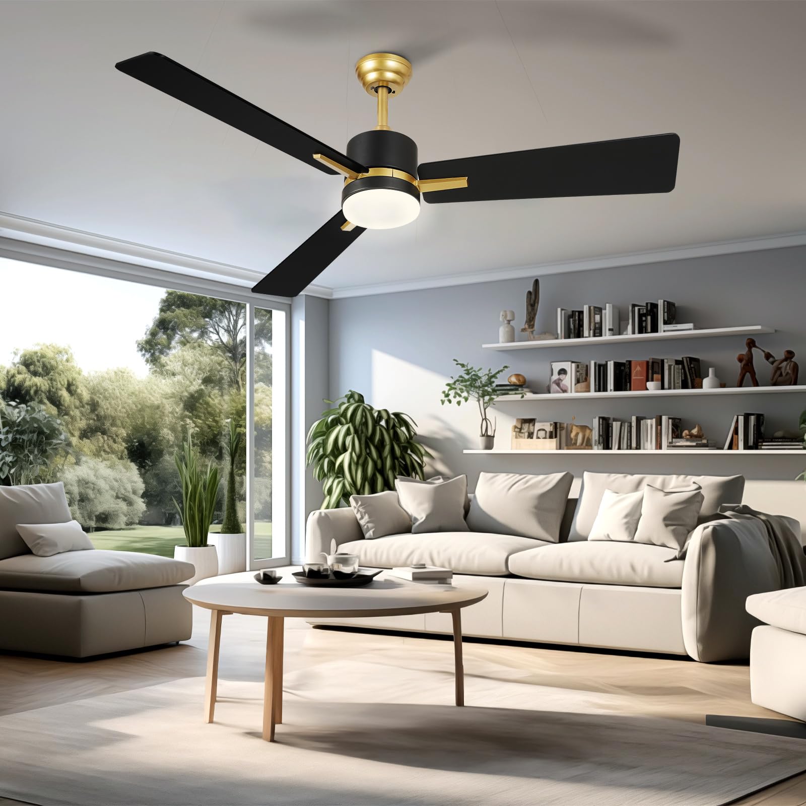 Yitahome 48 Inch Black Gold Ceiling Fan With Light Remote And App Control, Modern Dimmable Fanlight For Indoor Outdoor With Reve