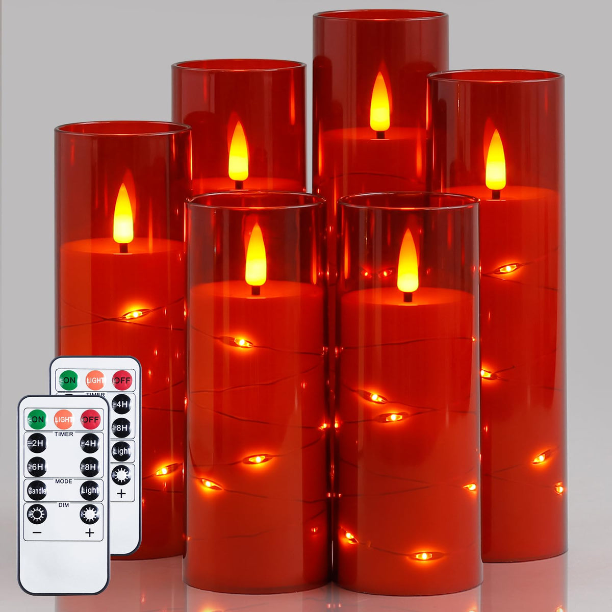 Yeelida Red Flameless Candles With Remote And String Light, 2.2''X 5'',5'',6'',7'',7'',8'' Led Battery Operated Plastic Flickeri