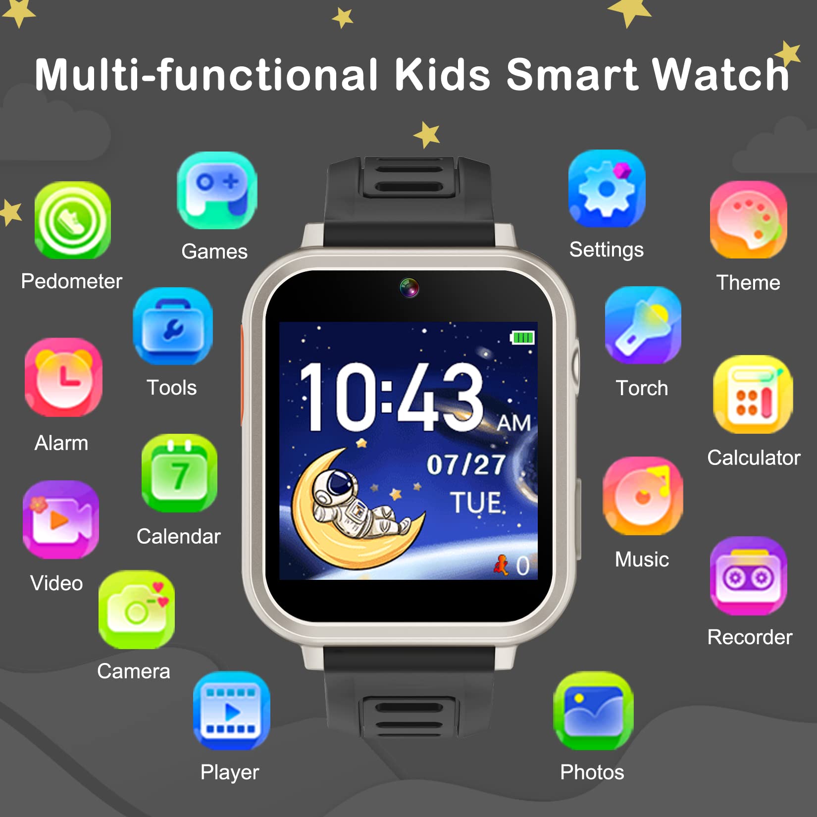 Phyulls Smart Watch For Kids With 24 Puzzle Games Camera Video Recorder Music Alarm Calculator Calendar Flashlight Pedometer Bir