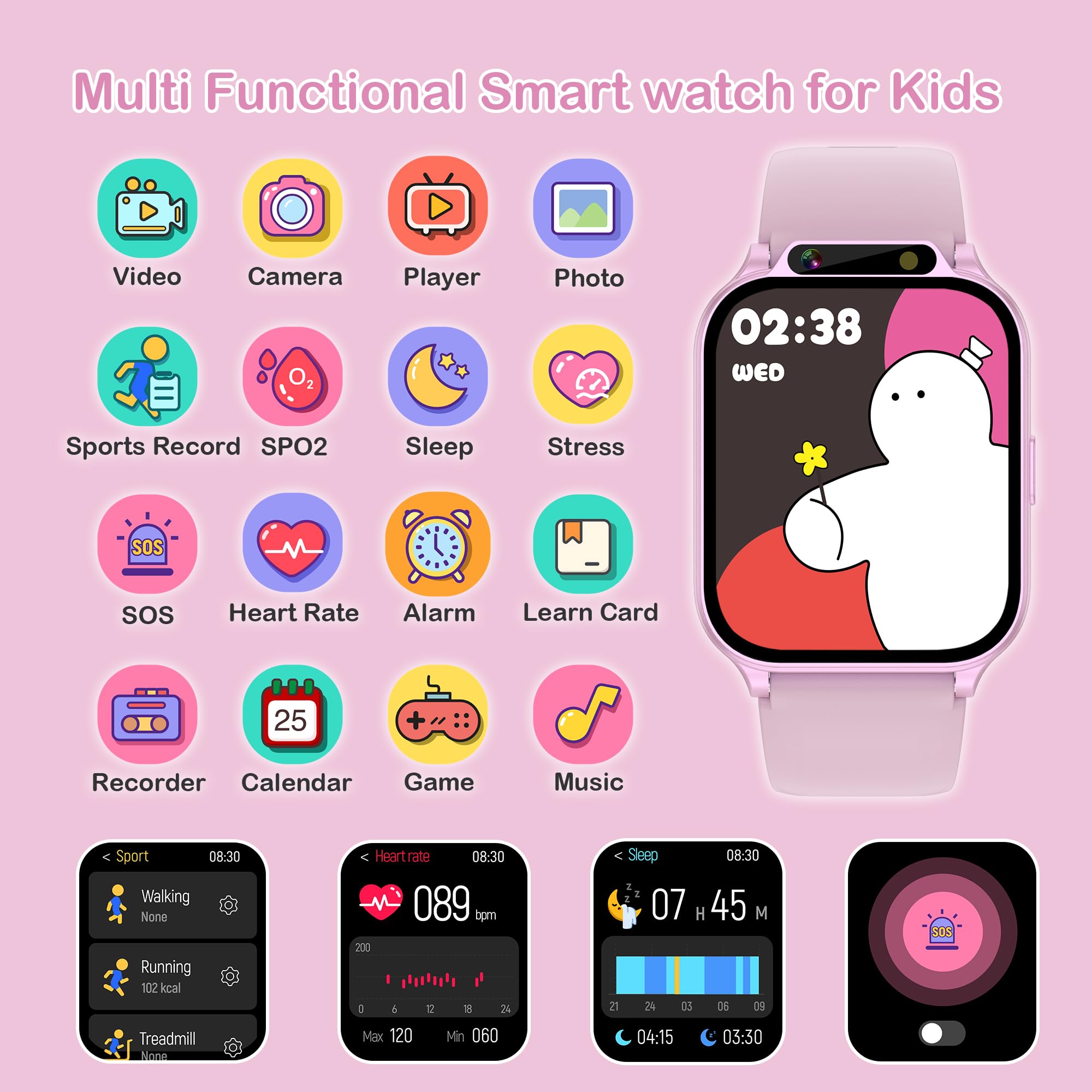 Kids Smart Watches Girls With Fitness & Sleep Tracker, Waterproof Smart Watch For Kids With Heart Rate & Blood Oxygen Monitor, H