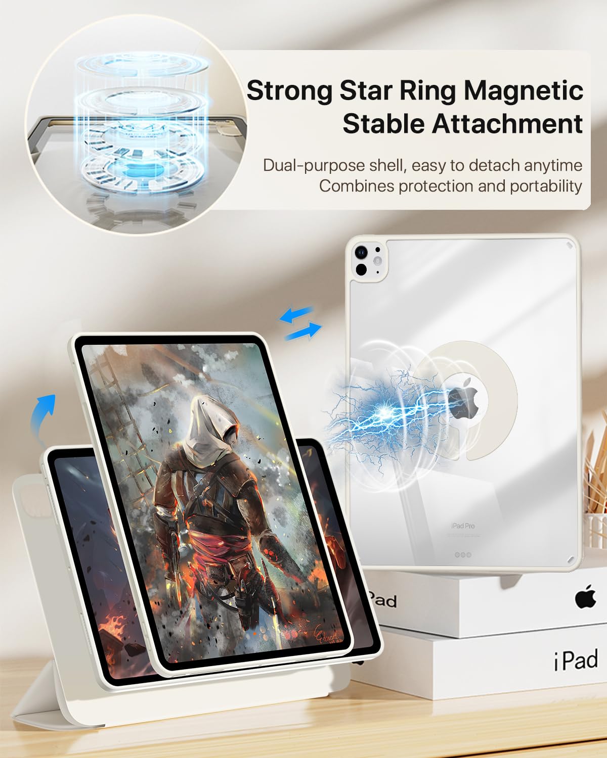 Sanduodd For Ipad Pro 13 Inch Case 2024, Detachable Rotating Clear Protective Case With Pencil Holder And Tri Fold Pu Leather Fo