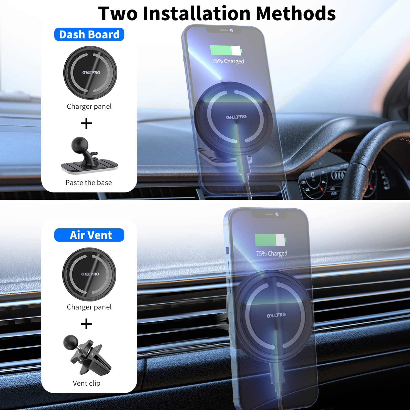 Ohlpro Magsafe Car Mount Charger, 15W Qc 3.0 Fast Charging For Iphone 16 Promax, Pro, Plus, 15, 14, 13, 12 Series, Stick On Car