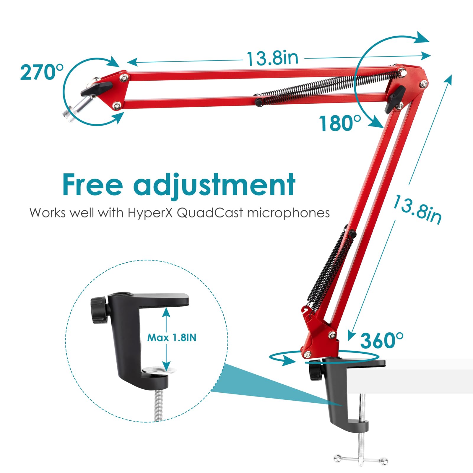 Red Mic Arm Compatible With Hyperx Quadcast S   Premium Quadcast S Microphone Boom Arm For Gaming, Streaming By Youshares