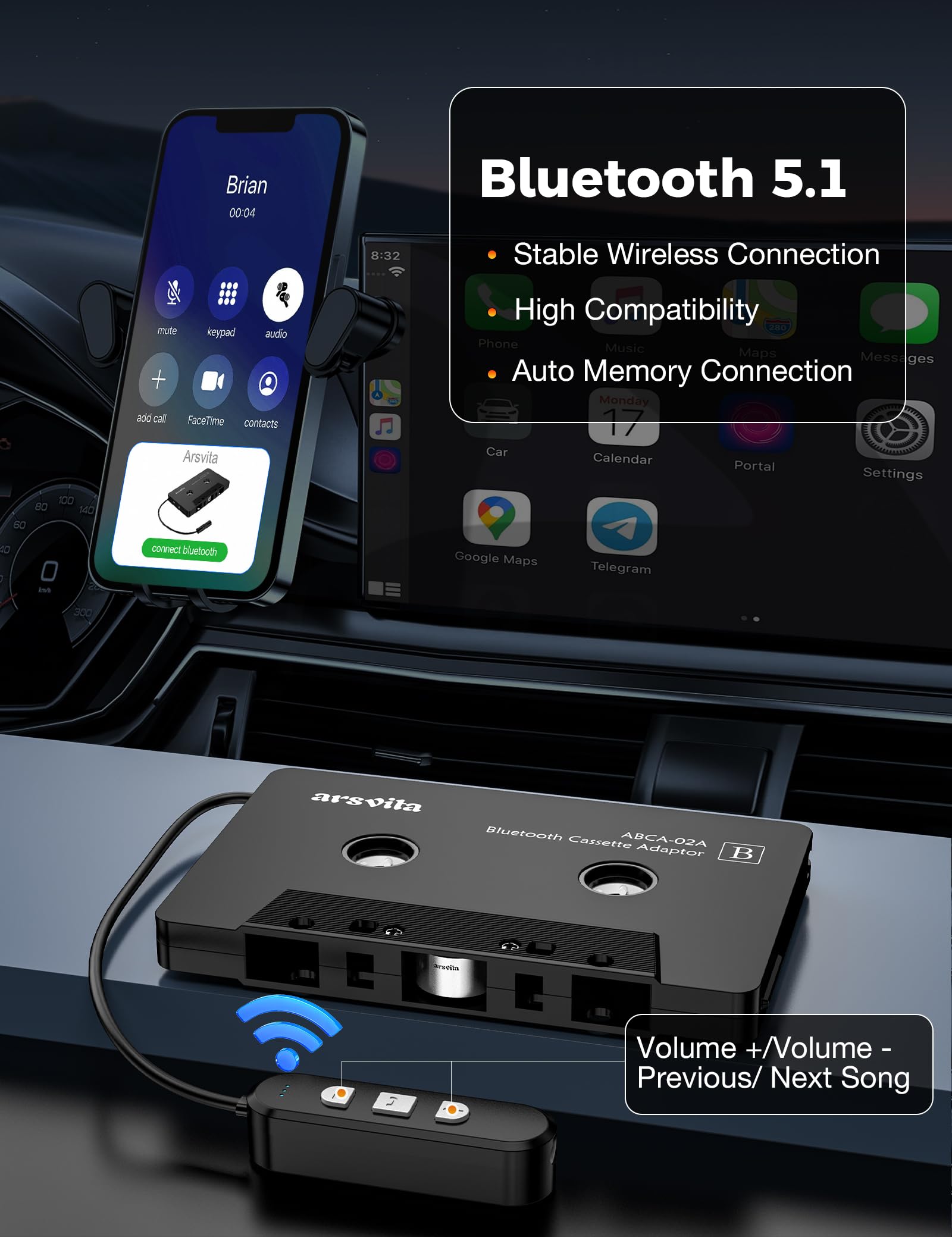 arsvita Bluetooth Cassette Adapter, 5.1 Car Audio Receiver, Hands-Free Call, Black, Model BCA02, Supports Micro SD Card