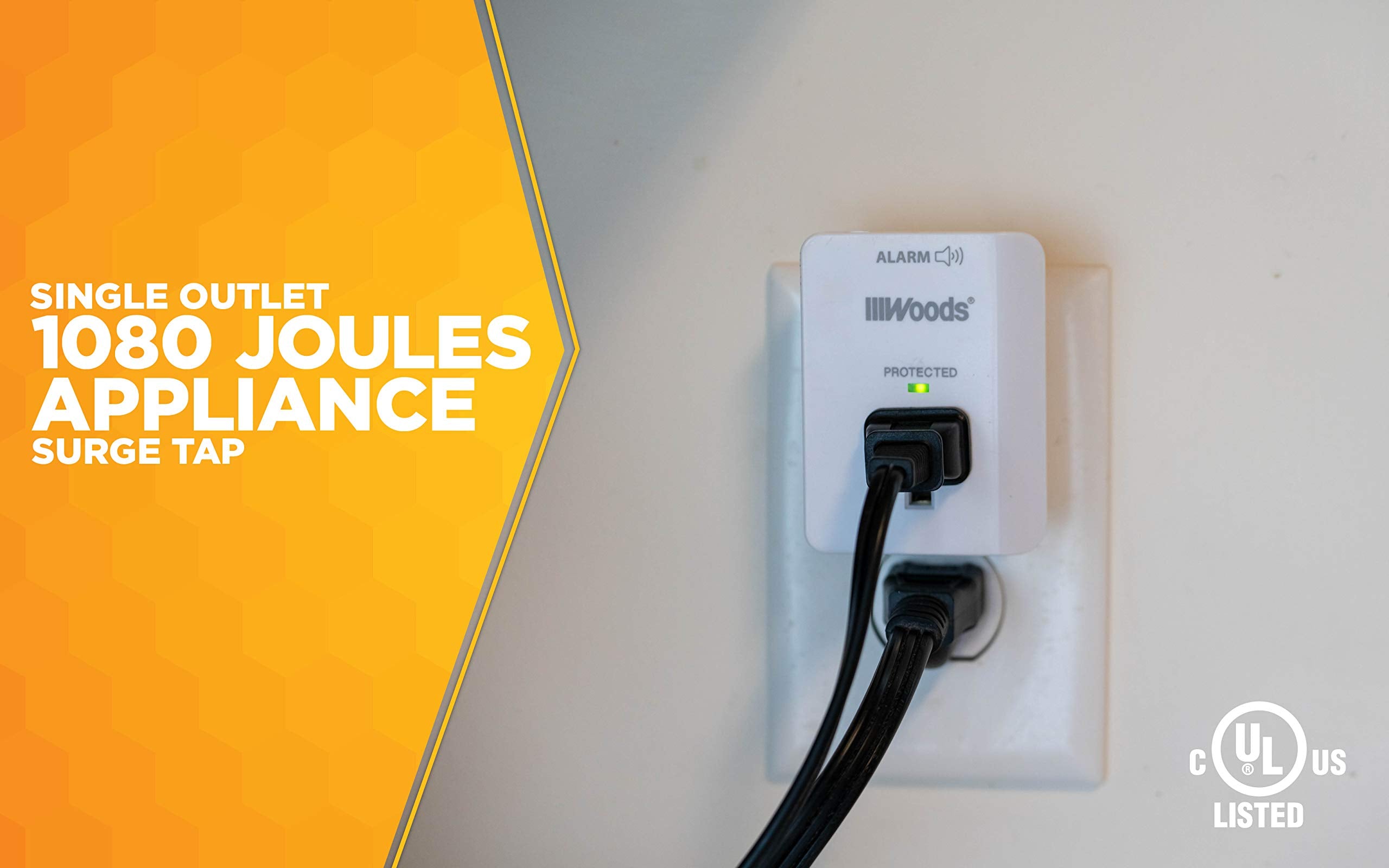 Woods 41008 Surge Protector One 3 Prong Power Outlet Led Indicator Light And Alarm, 1080J, White