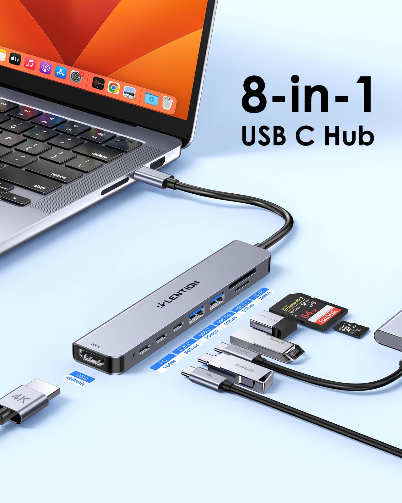 Lention 8 In 1 Usb C Hub With 4K@60Hz Hdmi Adapter, 2 Usb C Data & 2 Usb 3.0 Port, 100W Pd, Sd/Micro Sd Card Reader For 2023 201