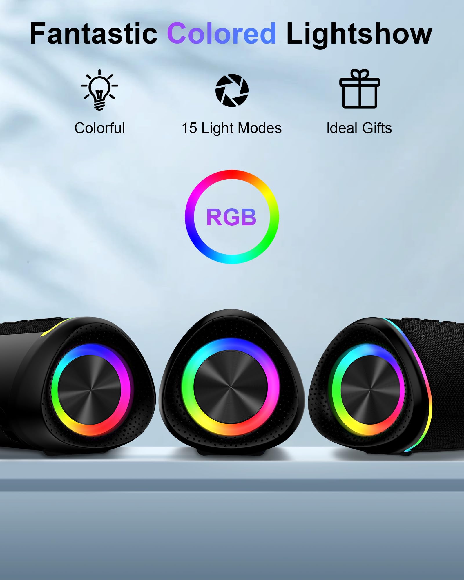 Ailkin Portable Bluetooth Speaker, Ipx5 Waterproof Wireless Audio Speaker With Microphone, 16W Hd Stereo Sound, Colored Led, Blu