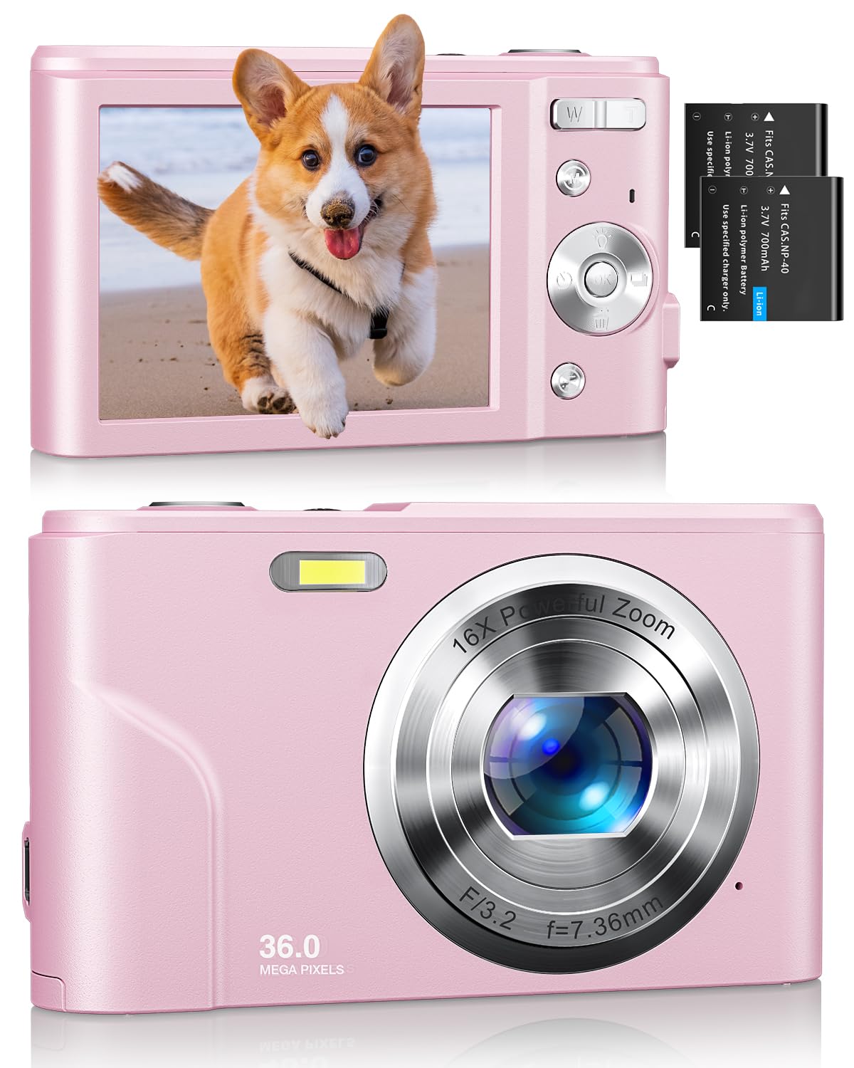Digital Camera, Kids Camera 1080P 36Mp Video Camera With Two Batteries, Time Stamp Antishake 16X Zoom, Compact Portable Camera C