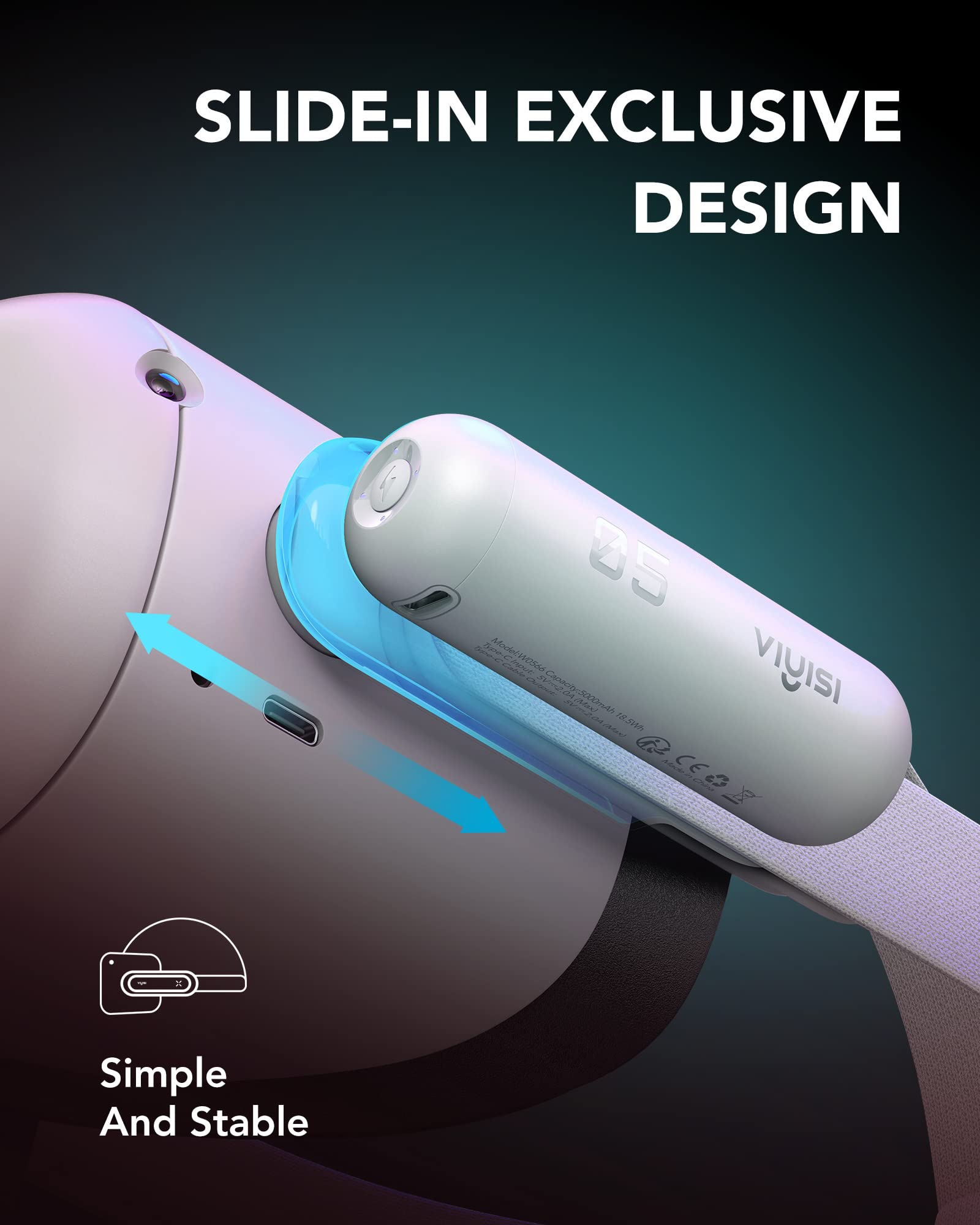 Viyisi Battery Pack For Oculus Quest 2, 5000Mah Portable Charger Accessories For Meta Quest 2 Headset, Power Bank For Vr Quest 2