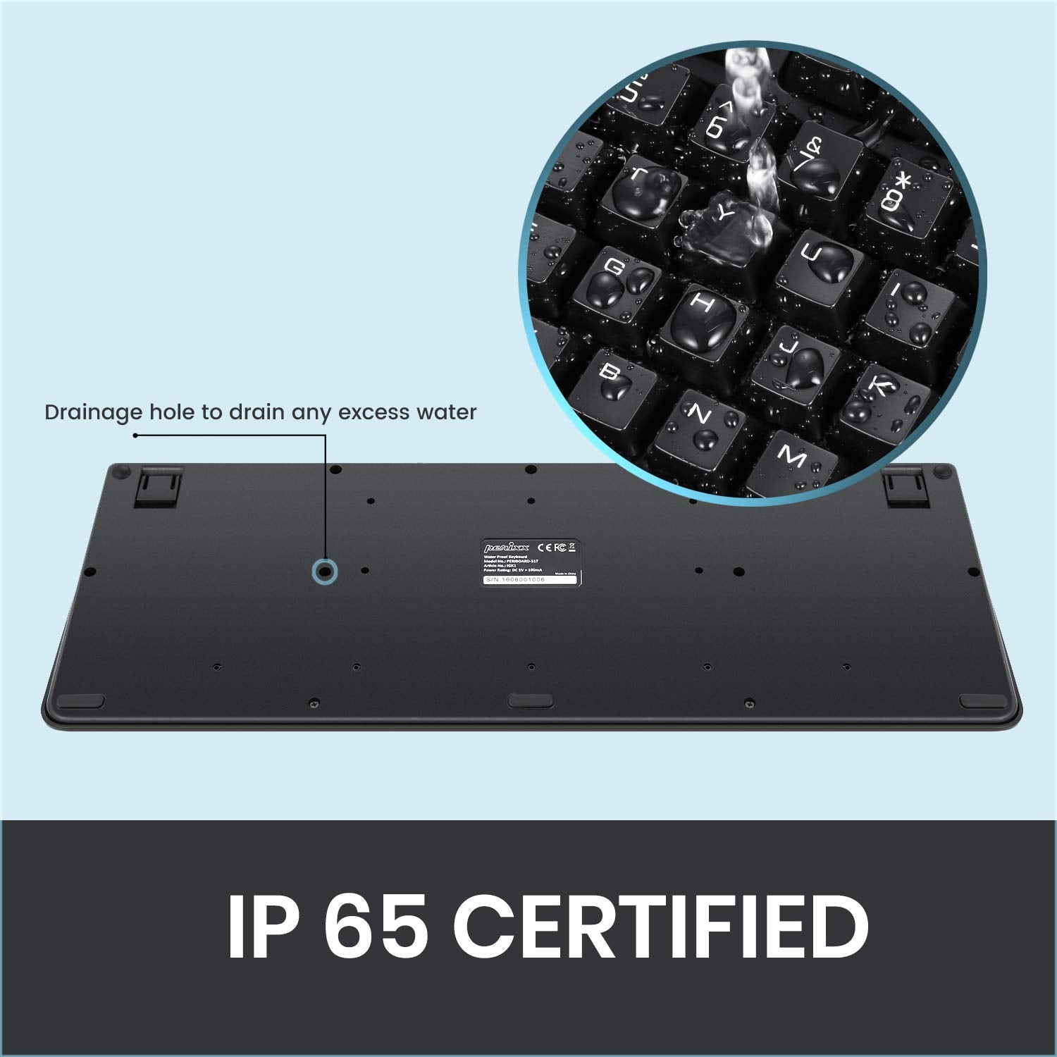 Perixx Periboard 517 Wired Washable Usb Keyboard, Certified With Ip 65 Level, Black, Us English Layout