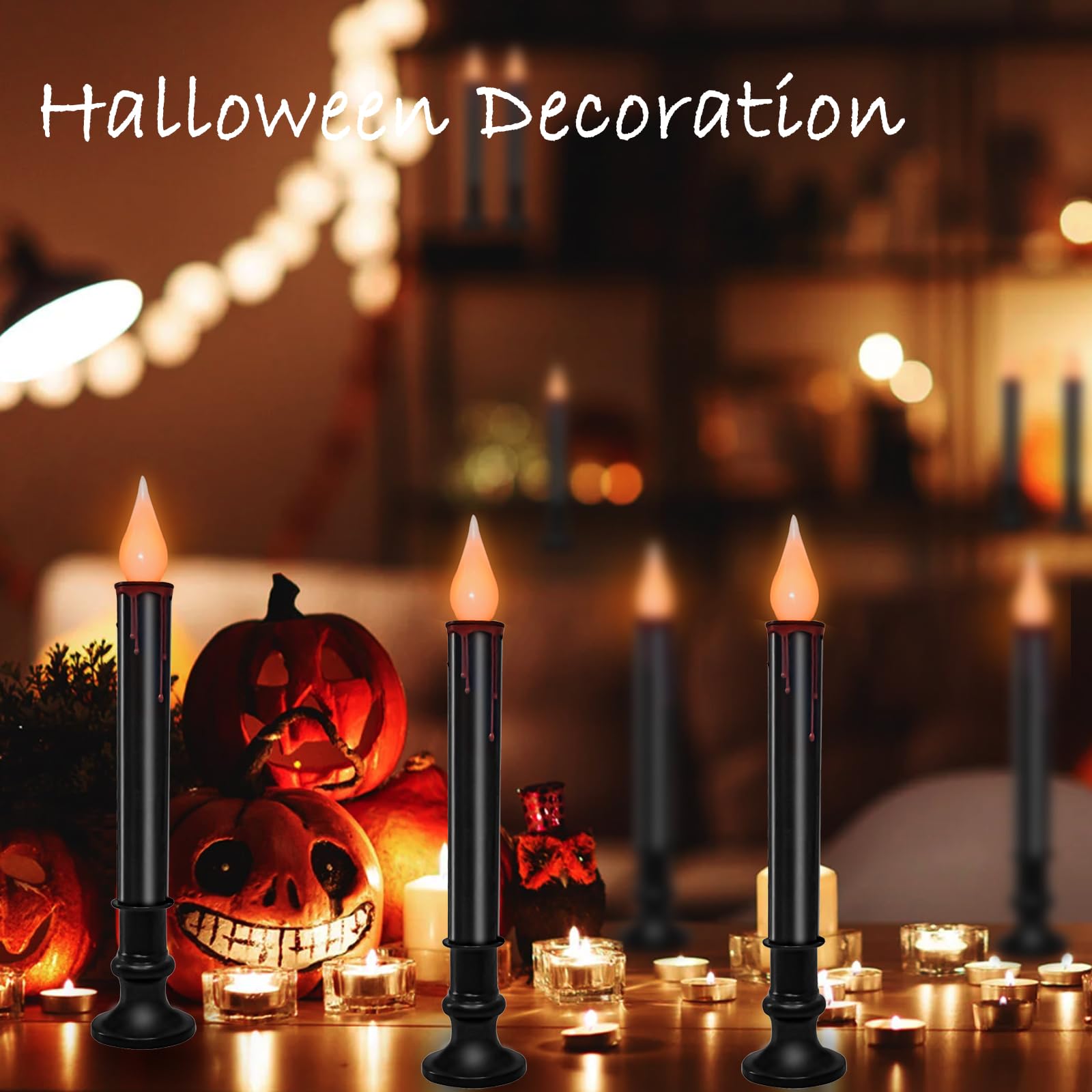 Sunsgne 9'' Halloween Window Battery Operated Candle Lights With Led Flameless Flicker Lights, Black Candles Automatic Timer Lam