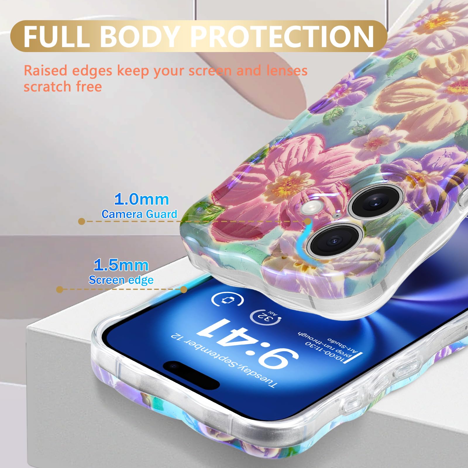 Sheheme For Iphone 16 Case [With 9H Screen Protectors] Wave Bumper Colorful Oil Painting Flowers Print Blue Glossy Soft Tpu Phon