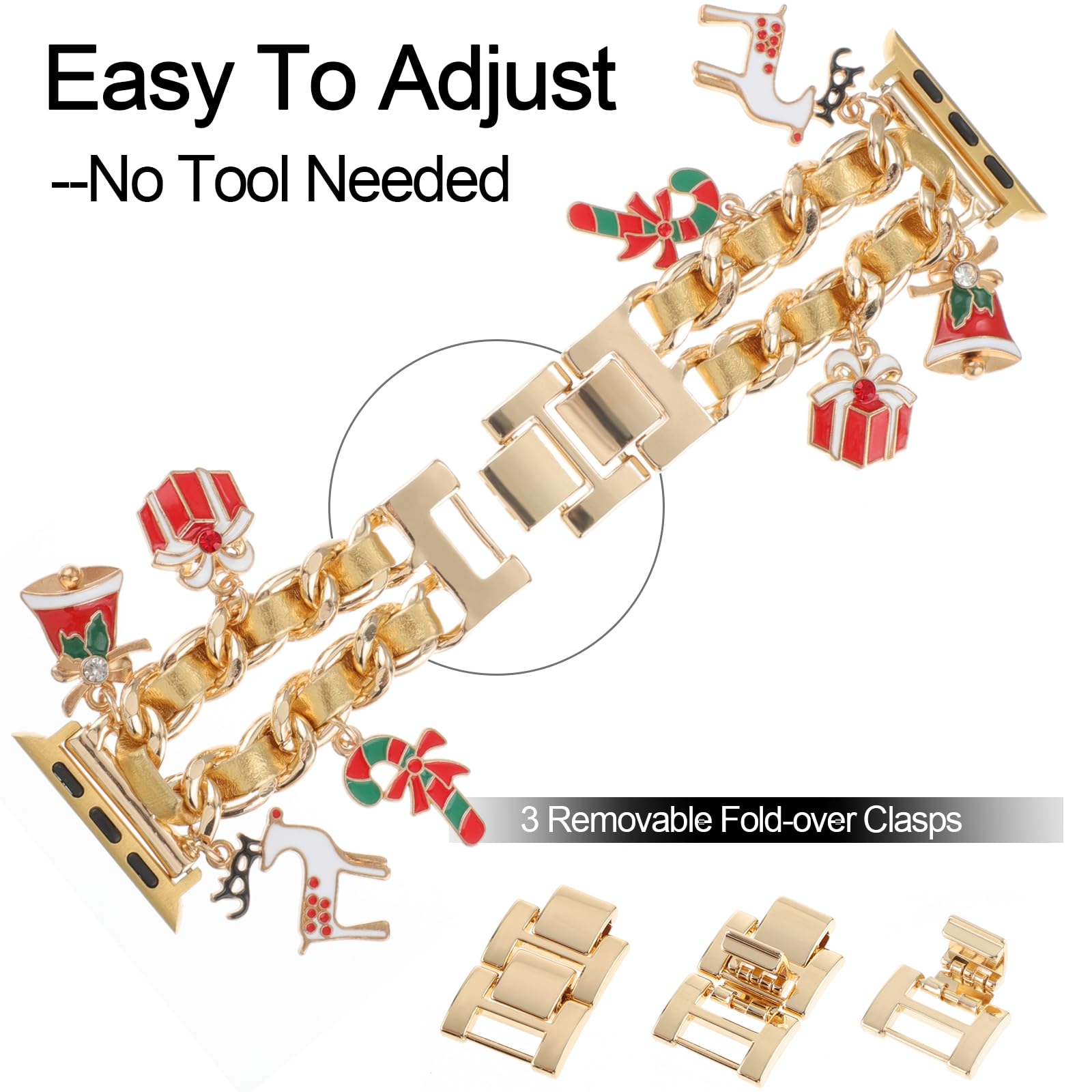 Realsign Stylish Metal Wristband Compatible With Apple Watch Band 38Mm 40Mm 41Mm,Cuban Chain With Christmas Elk Bell Cute Pendan