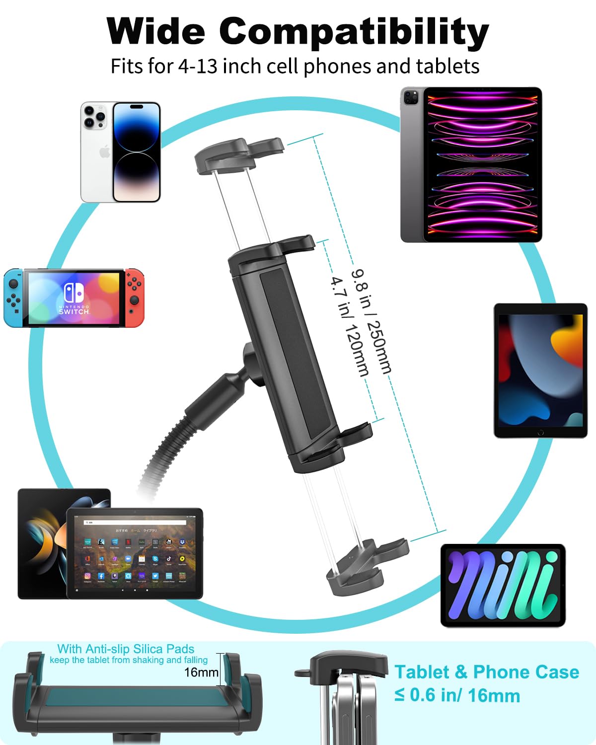 Dosvsi Spin Bike Tablet Holder, Metal Gooseneck Treadmill Tablet Mount, Anti-Shake Treadmill Tablet Mount, Stationary Elliptical