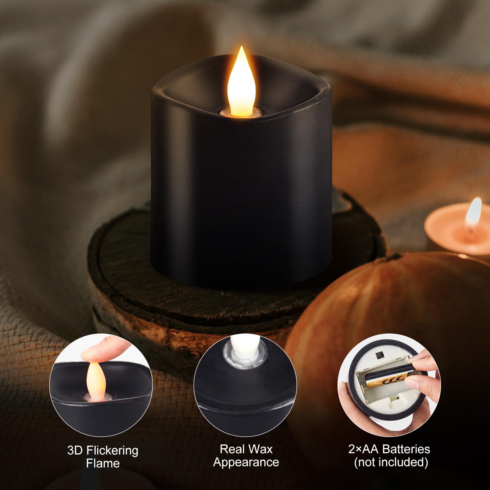 Milysoek 3X3 Flickering Flameless Candles, Real Wax Led, Black