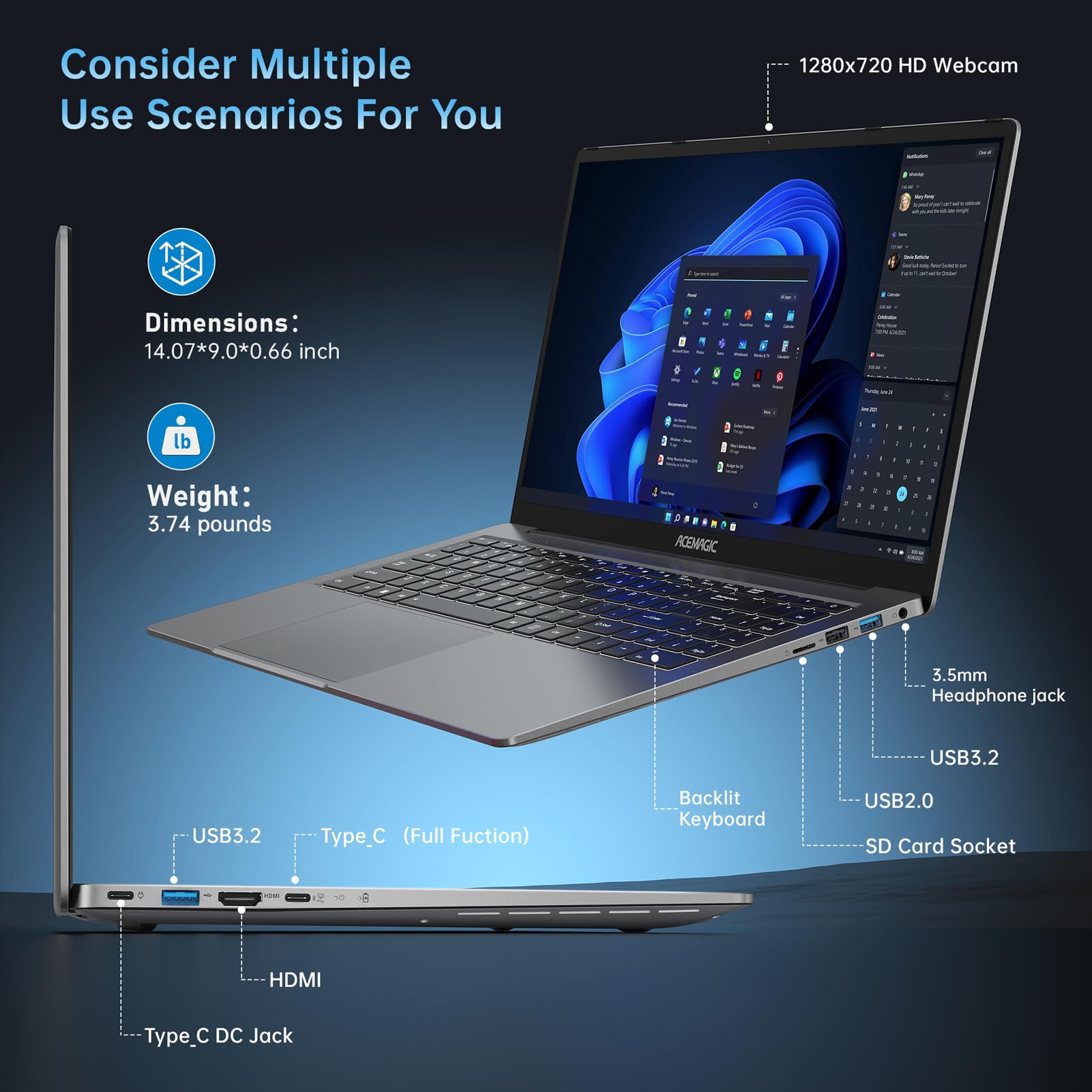 Acemagic 2024 Newest Gaming Laptop, 16.1 Inch Fhd Display Laptop With Amd Ryzen 7 5700U Processor(8C/16T), 16Gb Ram 512Gb Rom La